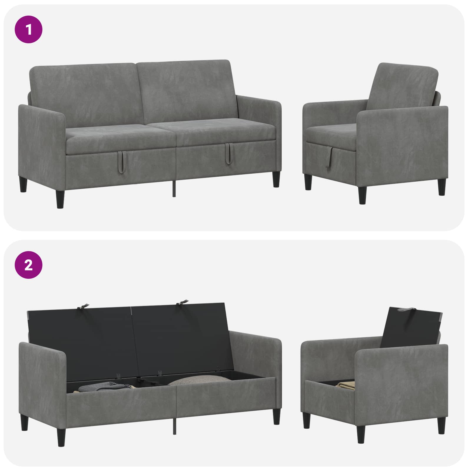 Canapé avec rangement 2 pc Gris foncé Polyester