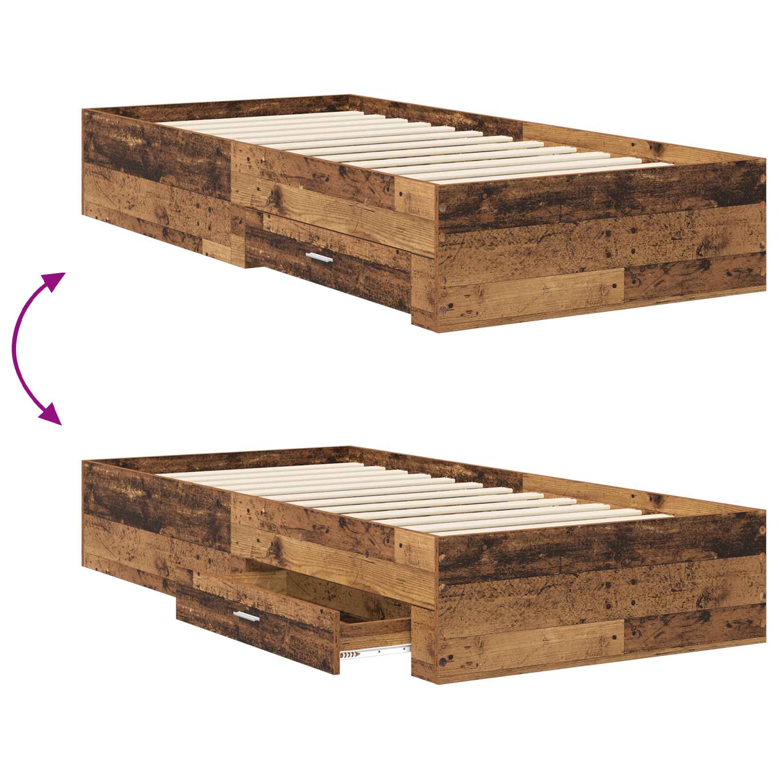 Cadre de lit avec tiroir Bois ancien Bois d'ingénierie