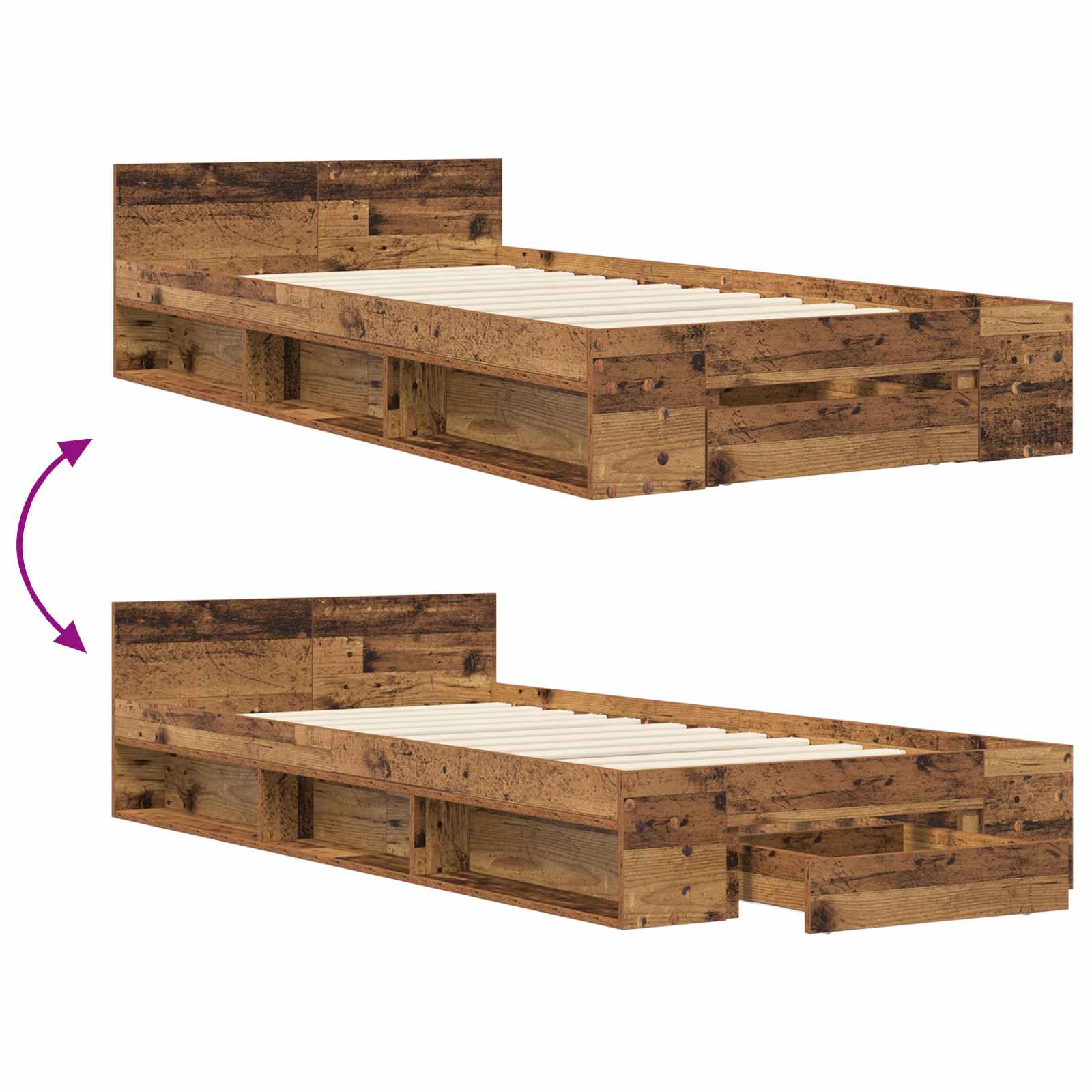 Cadre de lit avec rangement avec tiroir Bois ancien 80 x 200 cm