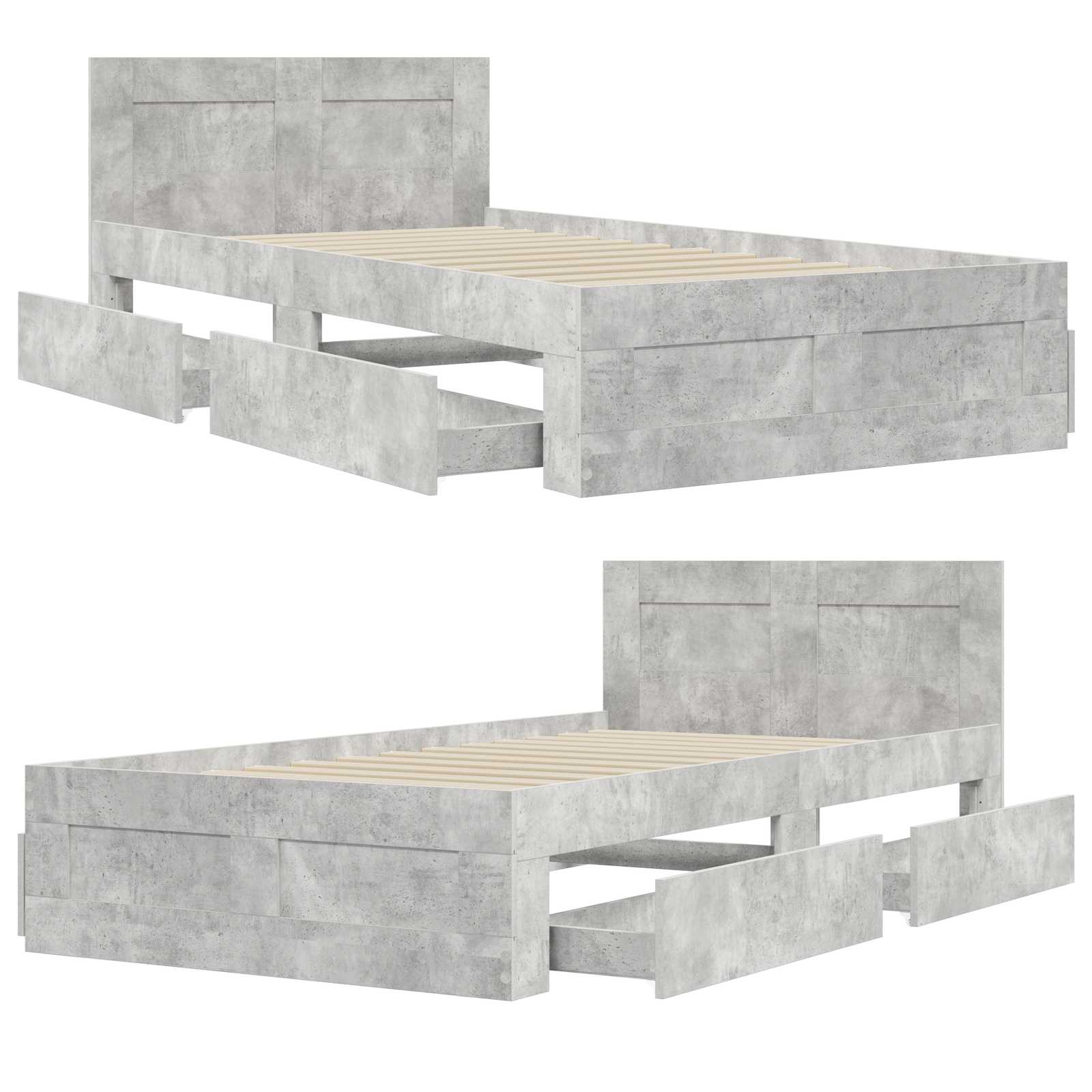 Cadre de lit avec tiroir 2 pc Gris béton Bois d'ingénierie