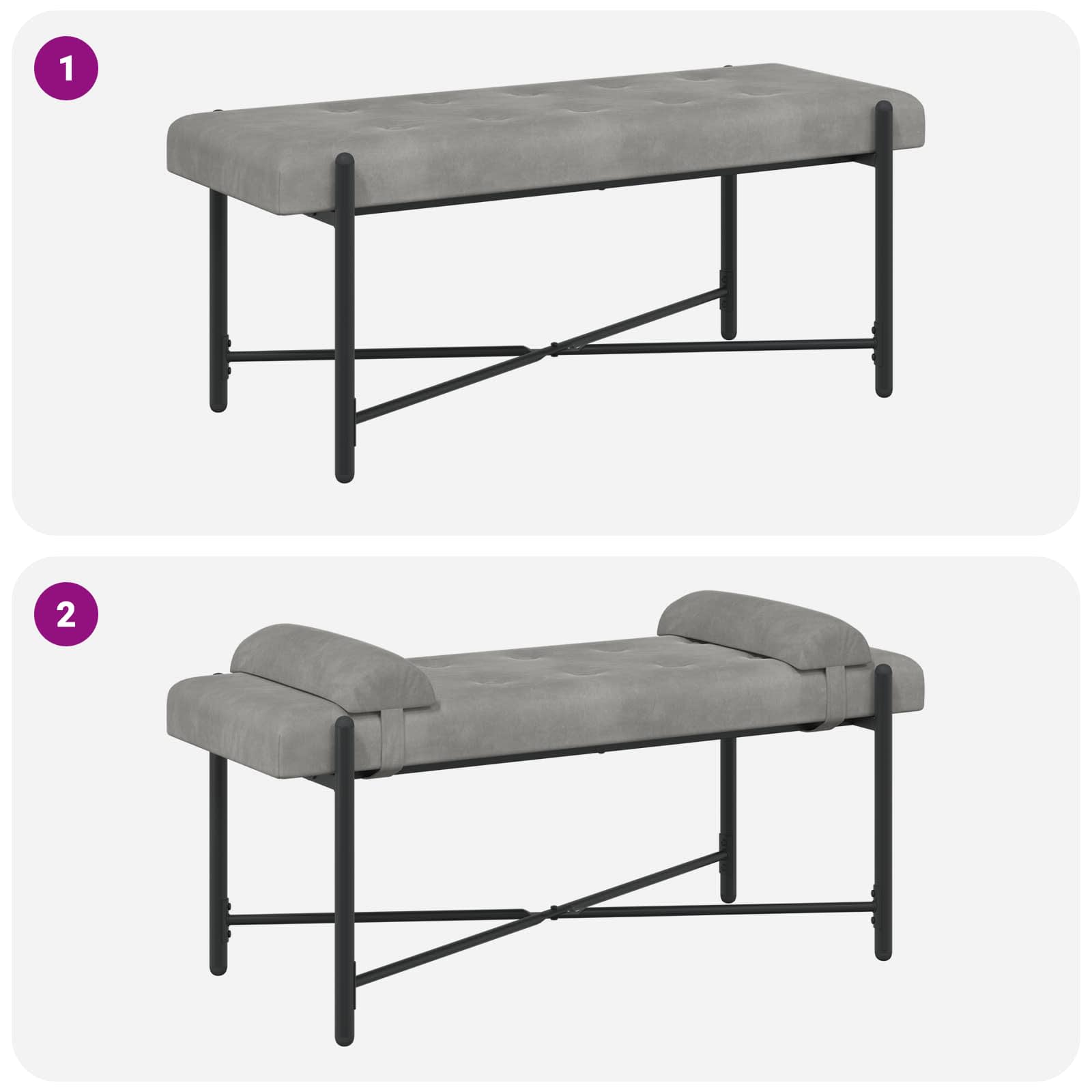 Banc capitonné à boutons avec coussins Gris clair Velours - XIOS