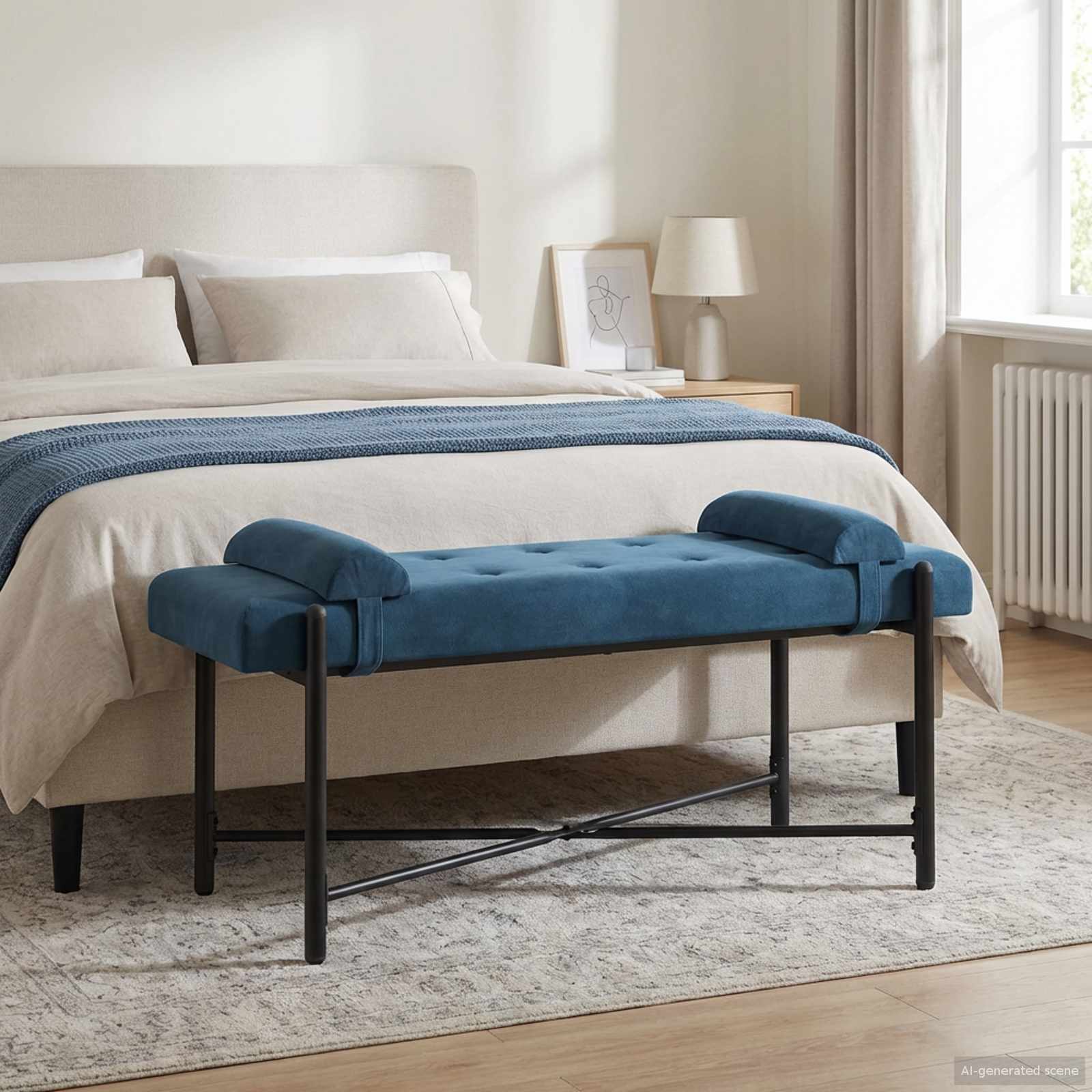 Banc capitonné à boutons avec coussins Bleu 110 x 40 x 46 cm - XIOS