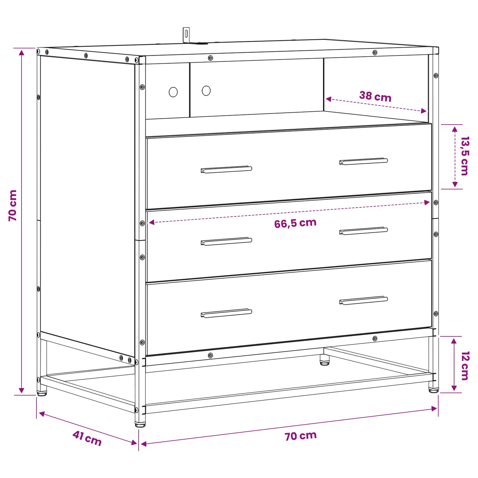 Armoire à tiroirs 3-Tiroir Chêne artisanal 70 x 41 x 70 cm - XIOS