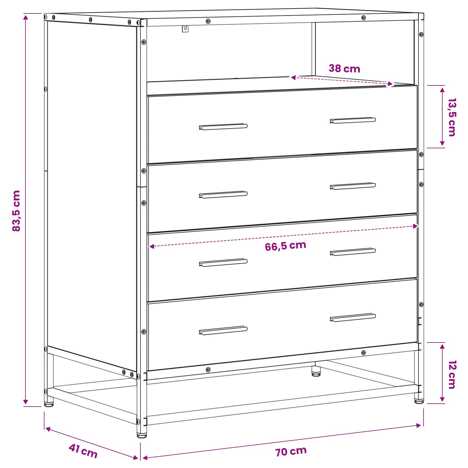 Armoire à tiroirs 4-Tiroir Chêne noir 70 x 41 x 83,5 cm