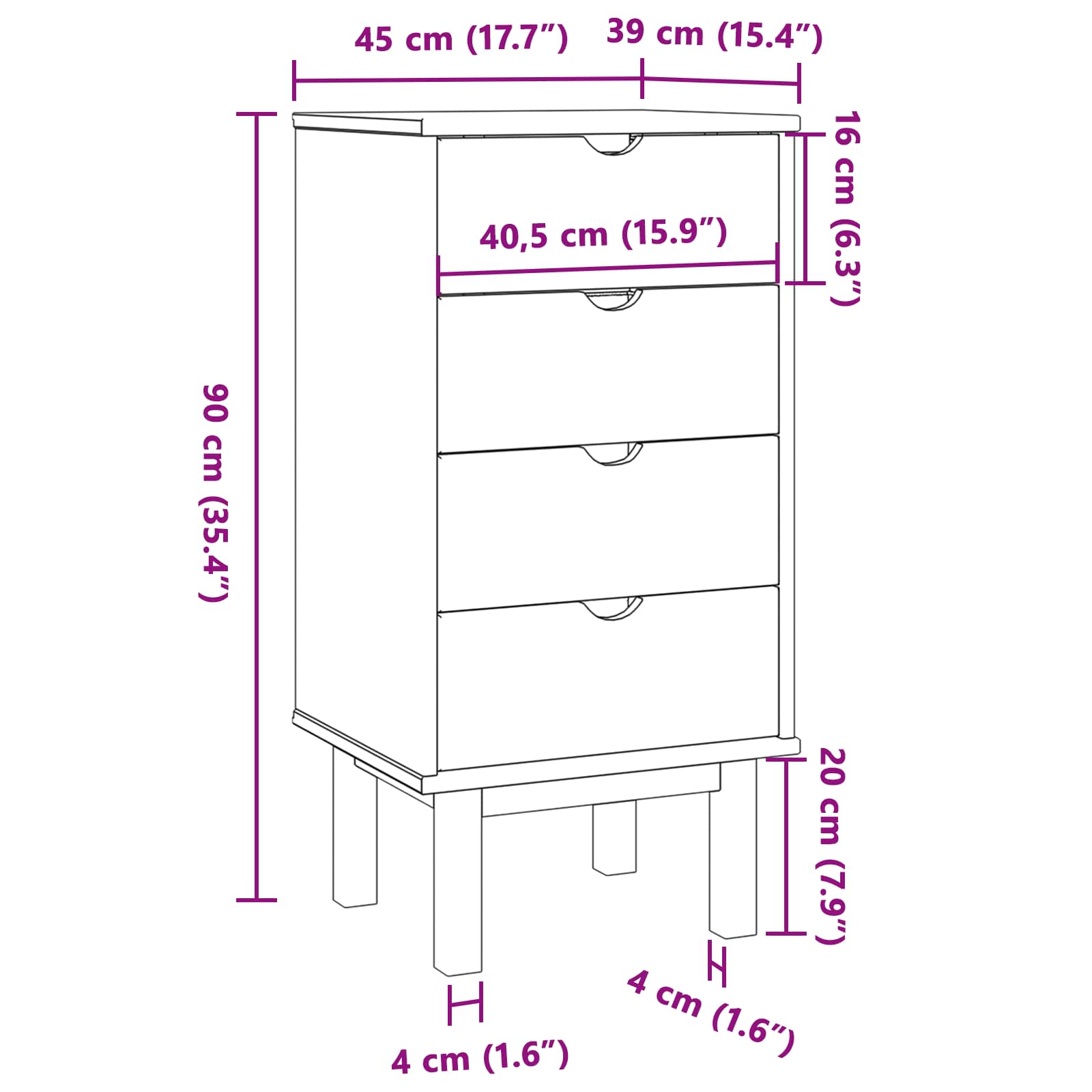 Commode OTTA Noir 45 x 39 x 90 cm Bois de pin massif - XIOS