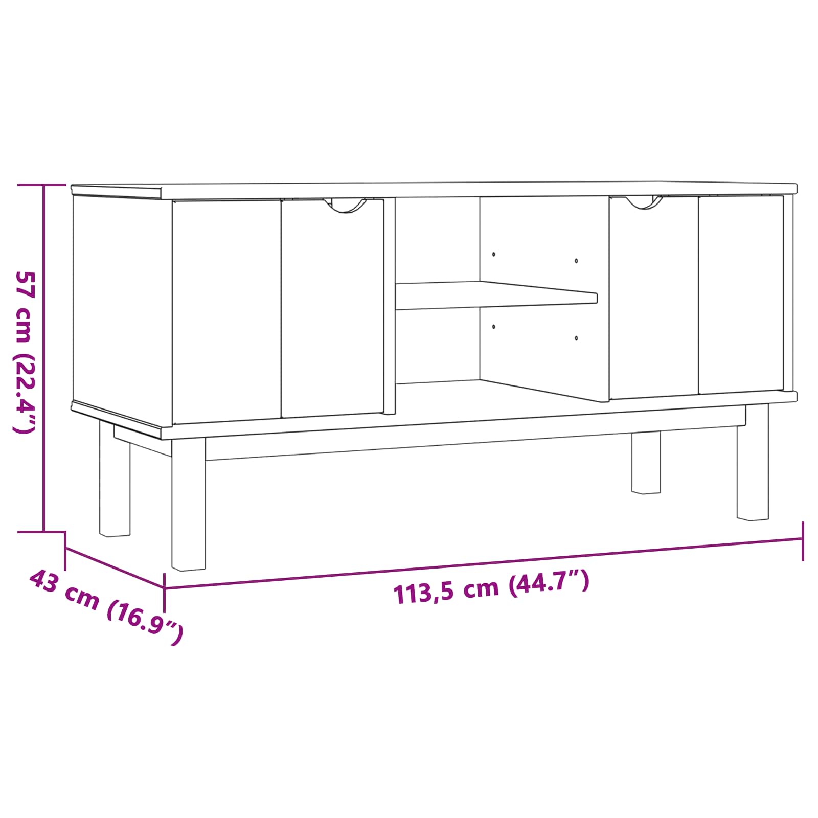 Meuble TV OTTA 113,5 x 43 x 57 cm Noir Bois de pin massif - XIOS