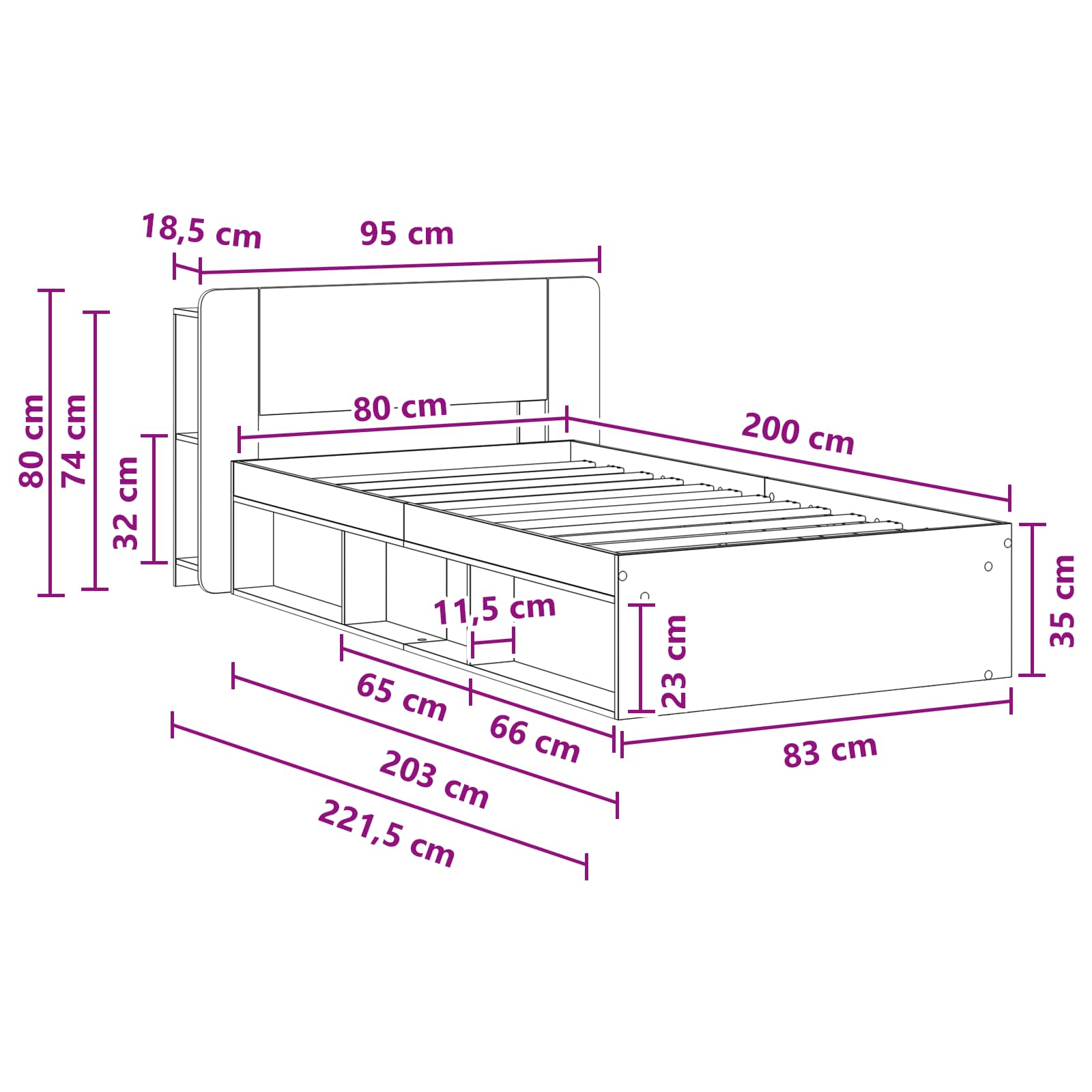 Cadre de lit avec rangement Chêne artisanal 80 x 200 cm - XIOS