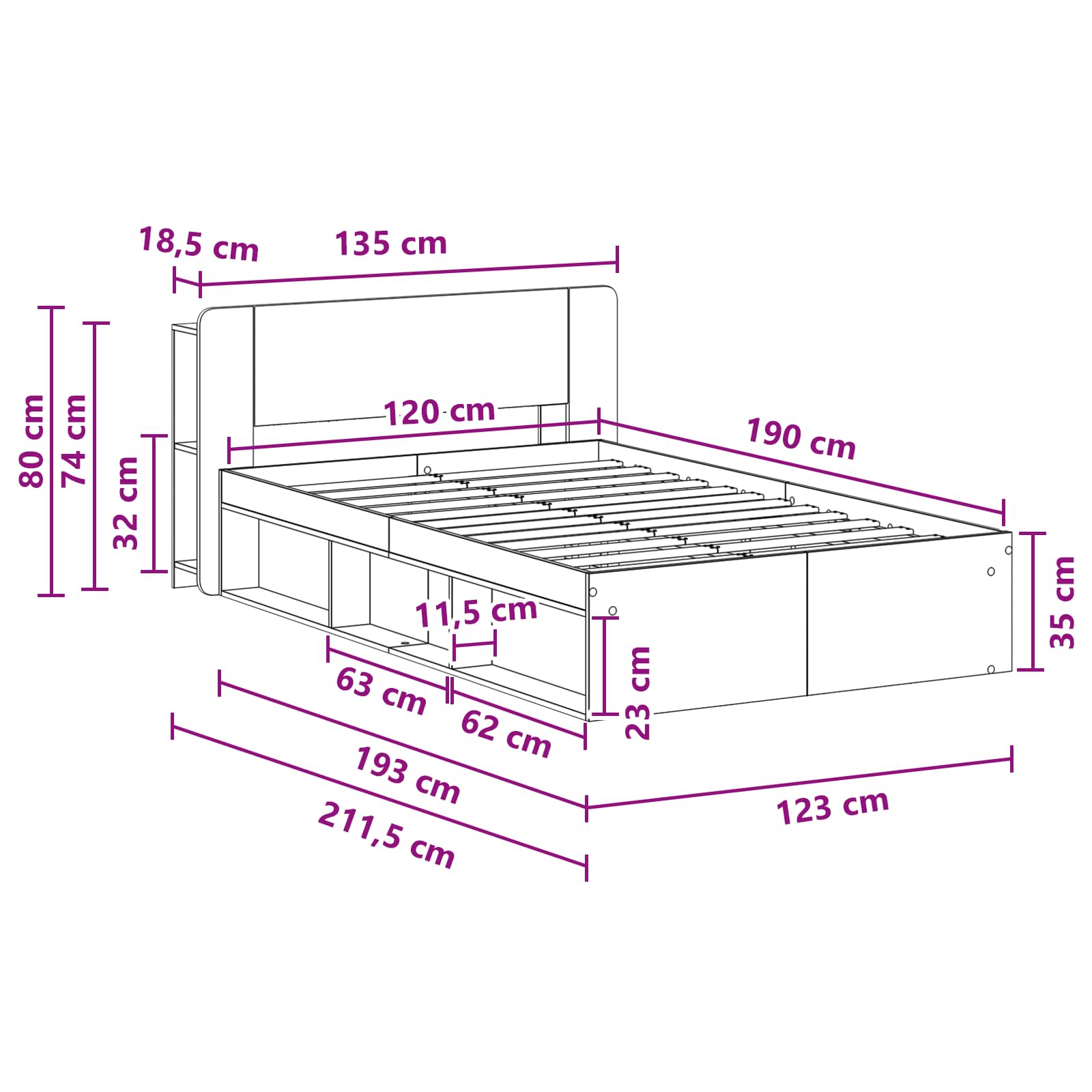 Cadre de lit avec rangement Bois ancien 120 x 190 cm