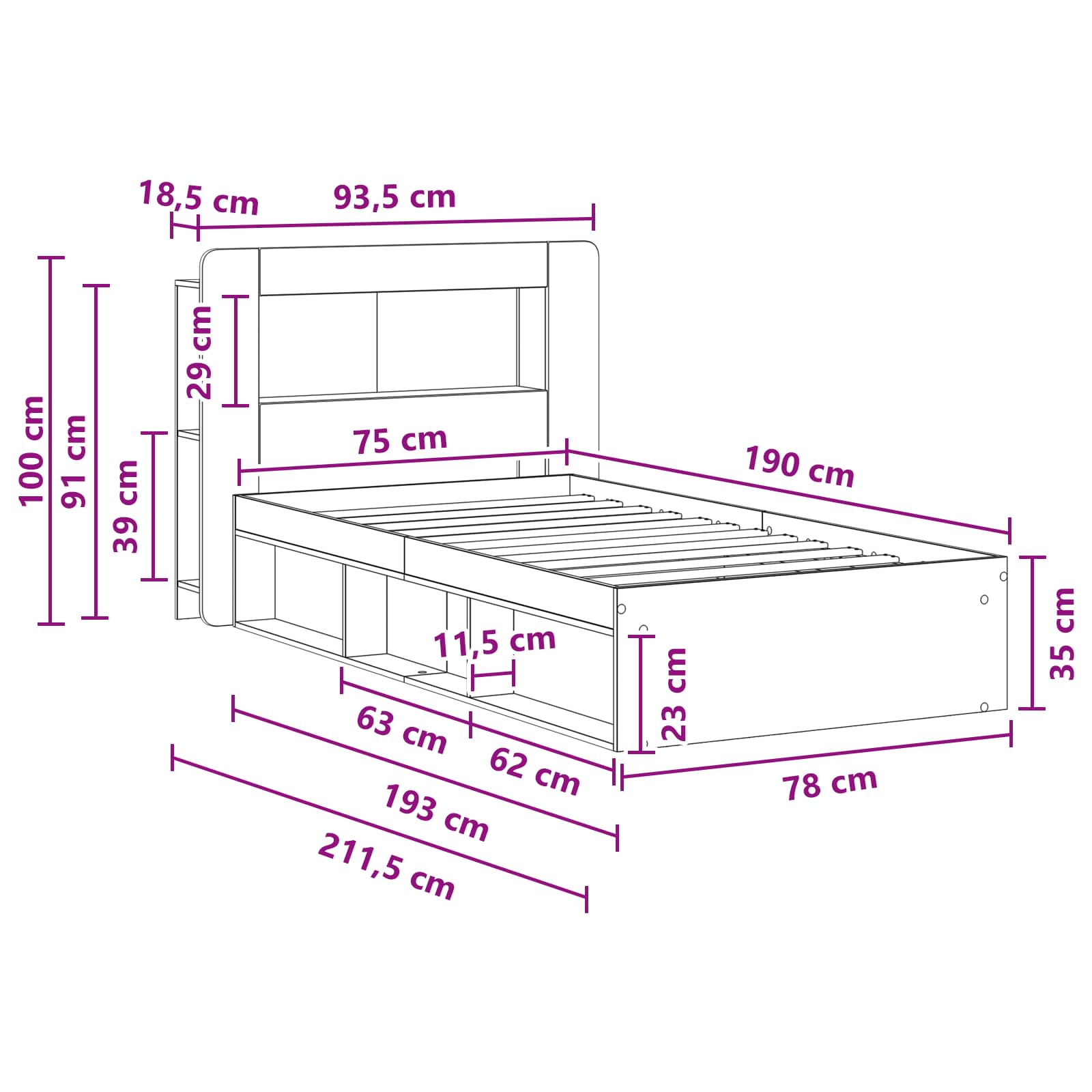 Cadre de lit avec rangement Chêne artisanal 75 x 190 cm - XIOS