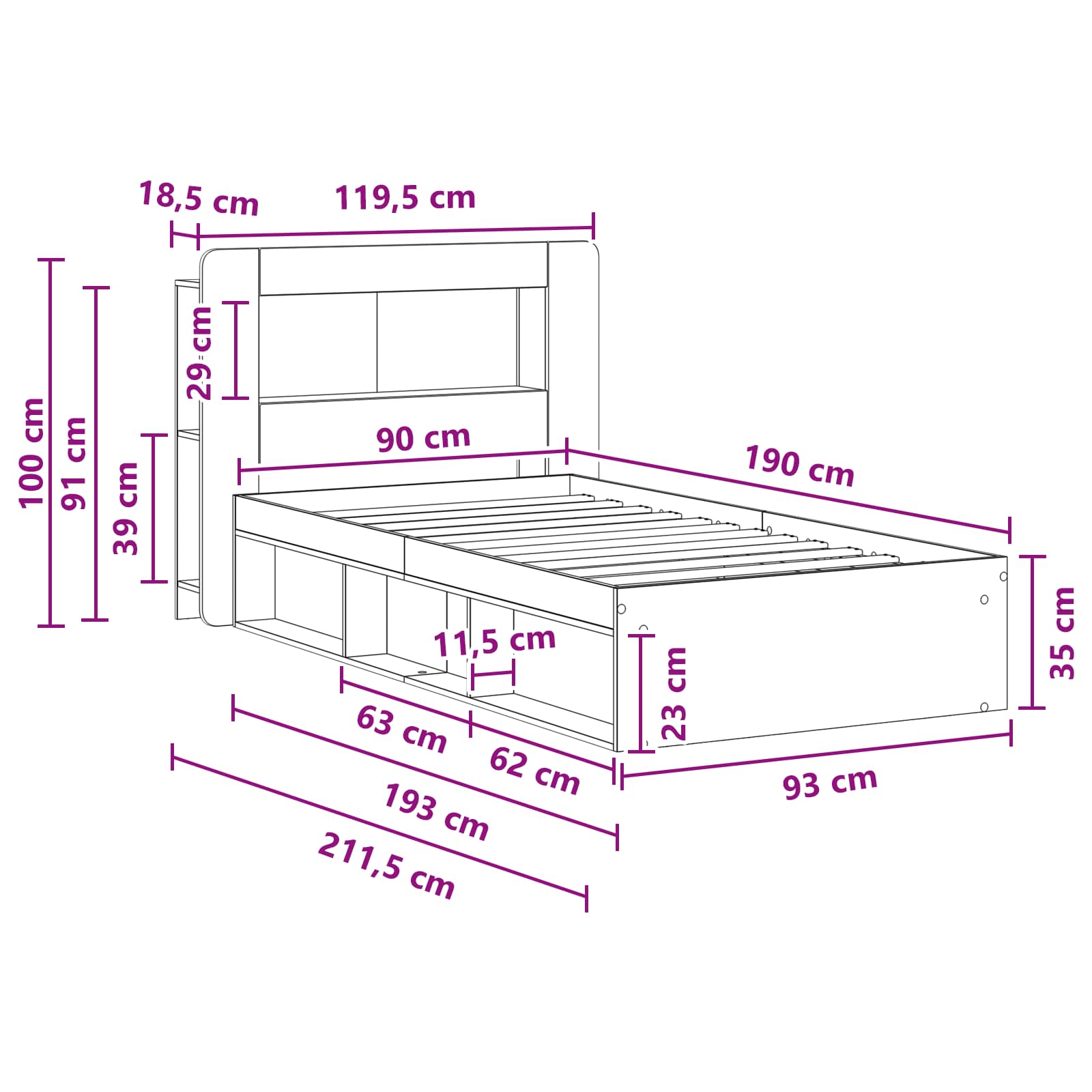 Cadre de lit avec rangement Chêne Sonoma 90 x 190 cm - XIOS