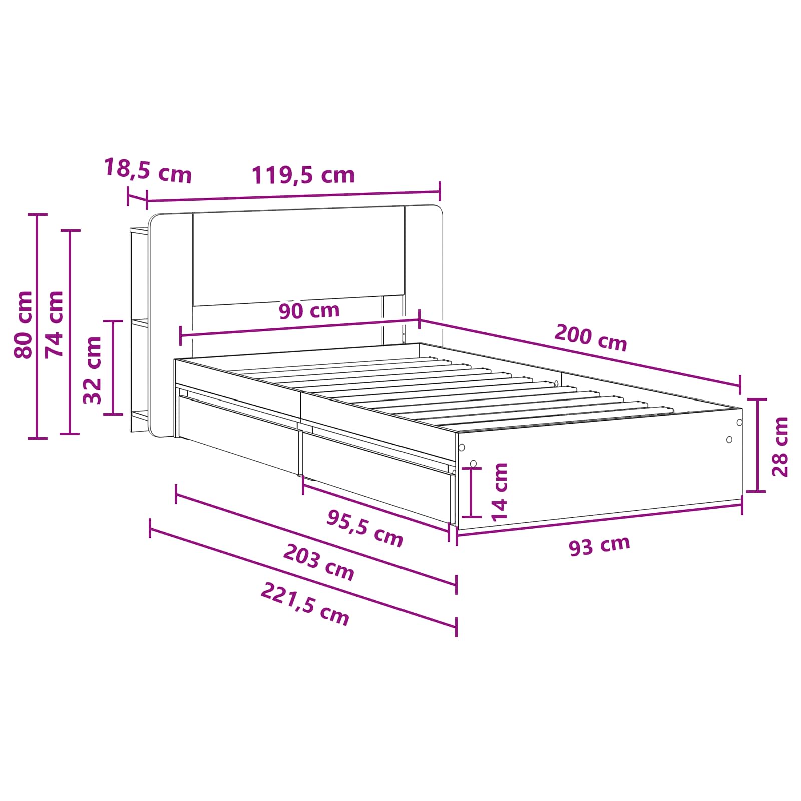Cadre de lit avec rangement avec tiroir Sonoma gris 90 x 200 cm