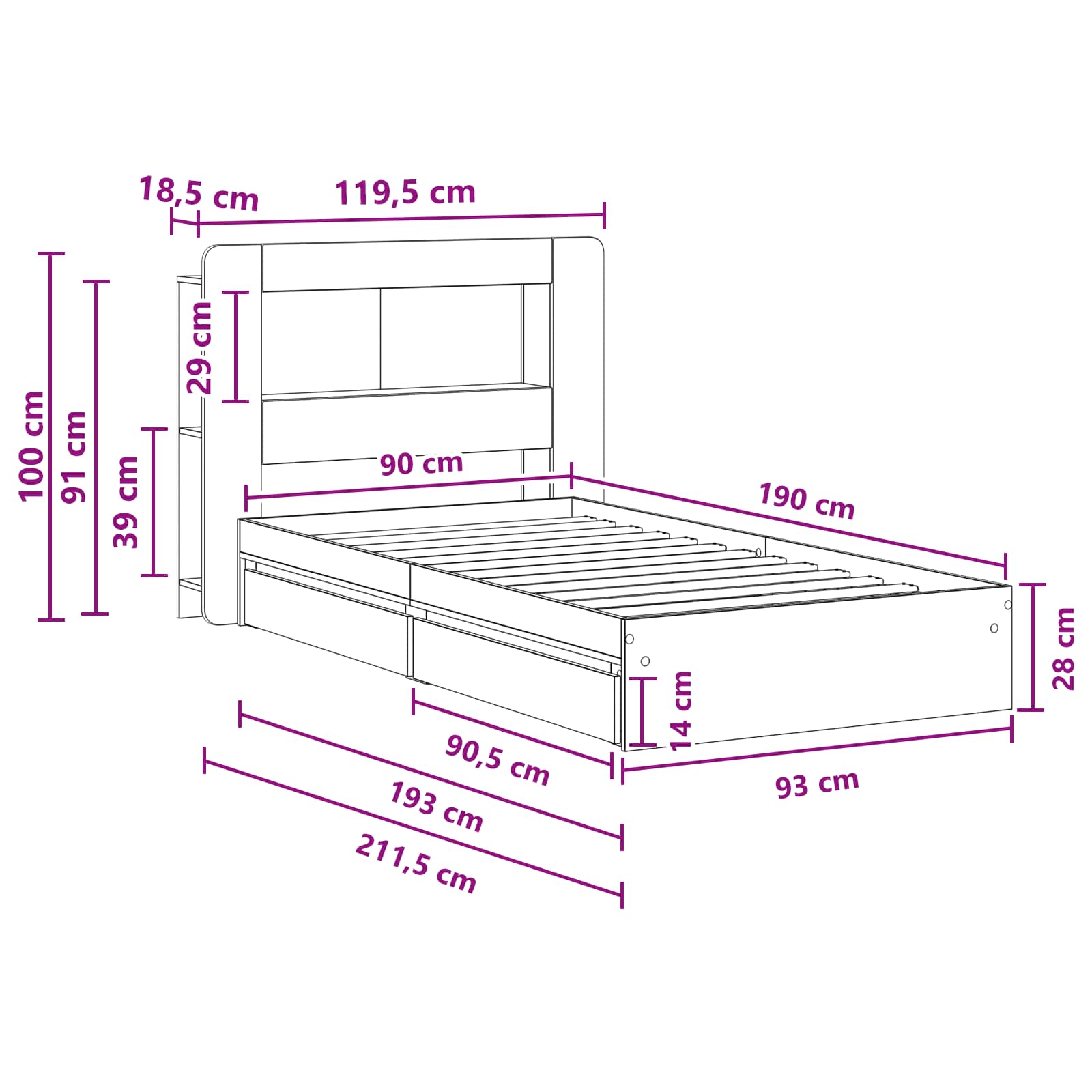 Cadre de lit avec rangement avec tiroir Sonoma gris 90 x 190 cm