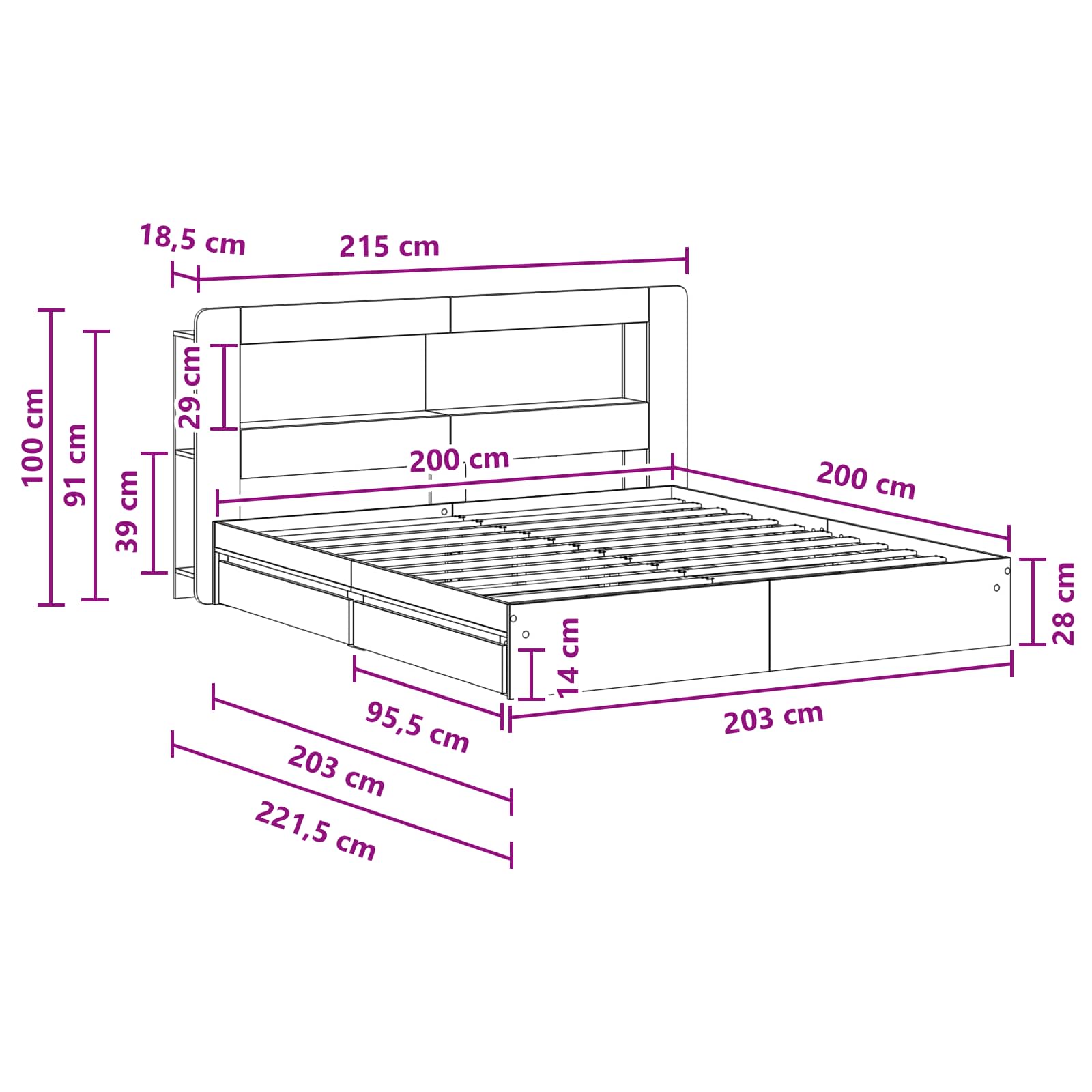 Cadre de lit avec rangement Sonoma gris 200 x 200 cm