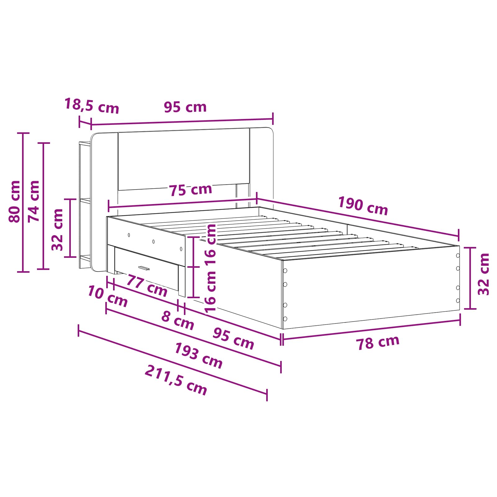Cadre de lit avec rangement Chêne fumé 75 x 190 cm - XIOS