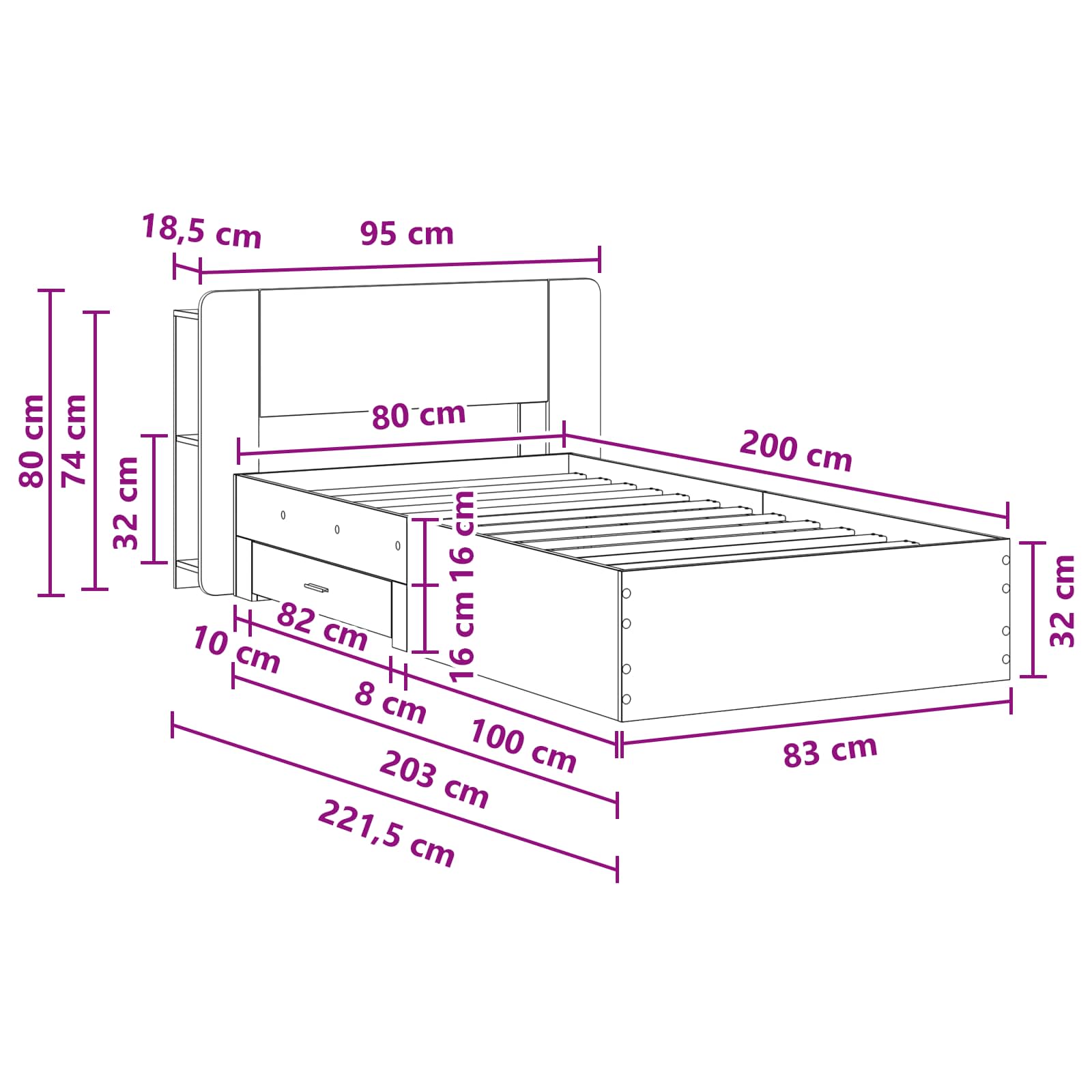 Cadre de lit avec rangement Chêne Sonoma 80 x 200 cm - XIOS