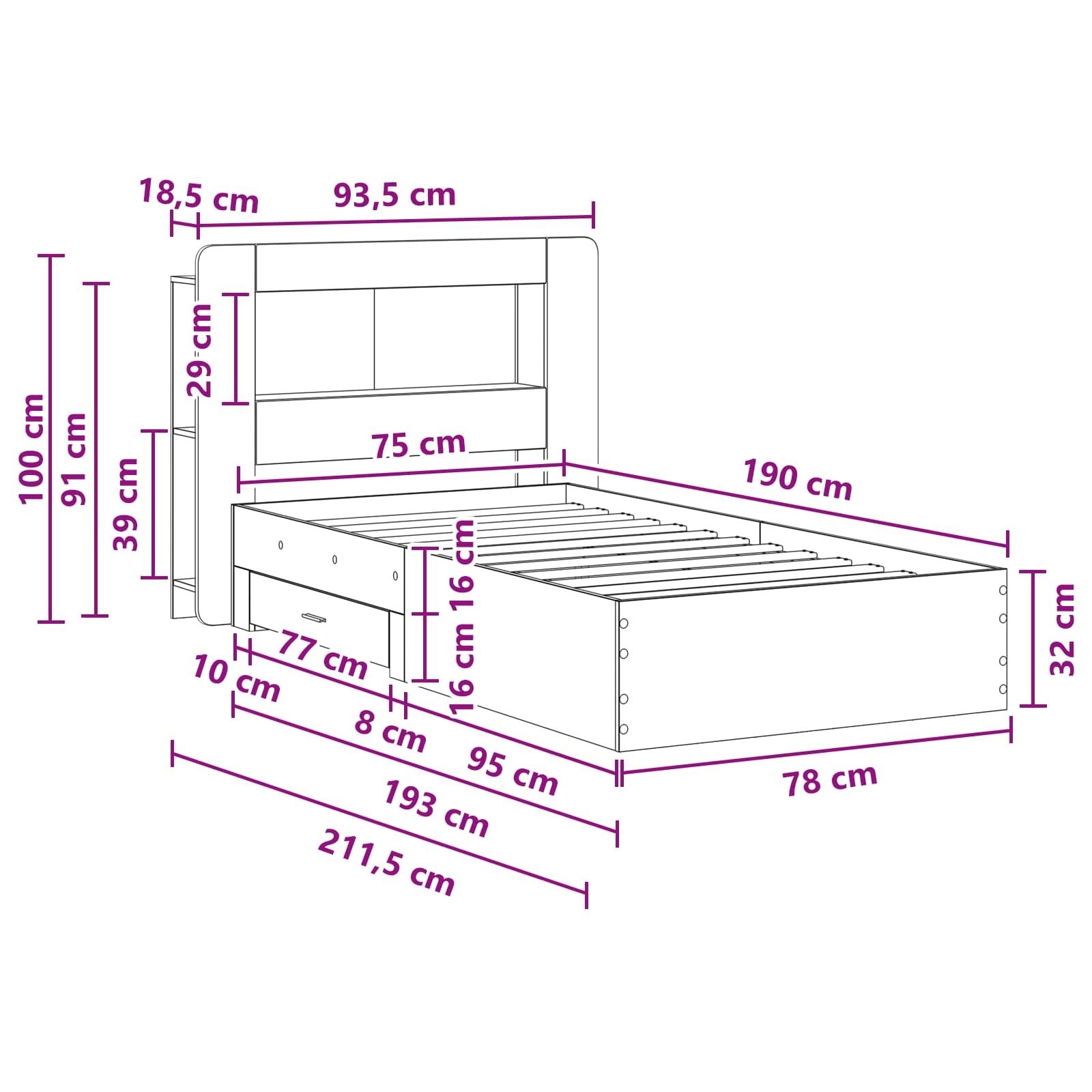 Cadre de lit avec rangement Chêne fumé 75 x 190 cm