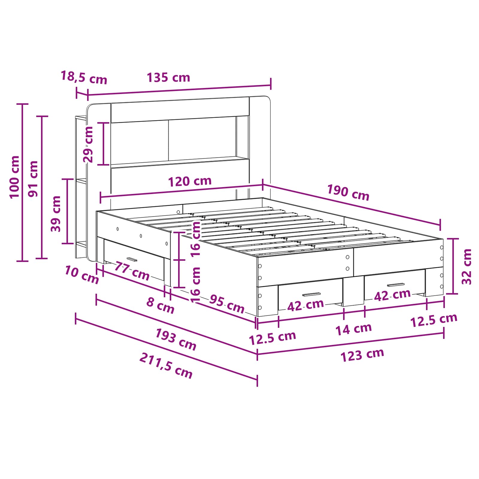 Cadre de lit avec rangement Bois ancien 120 x 190 cm - XIOS