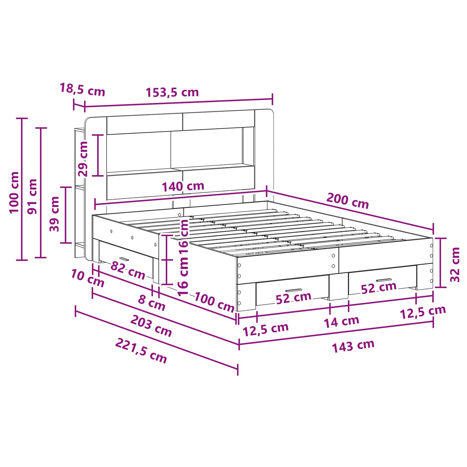 Cadre de lit avec rangement Sonoma gris 140 x 200 cm