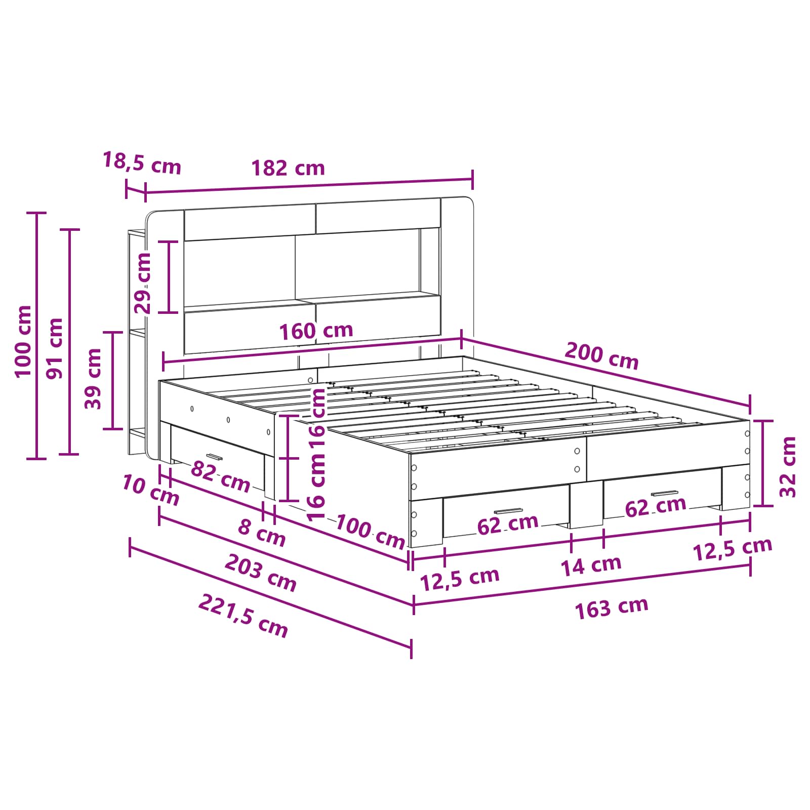Cadre de lit avec rangement Sonoma gris 160 x 200 cm