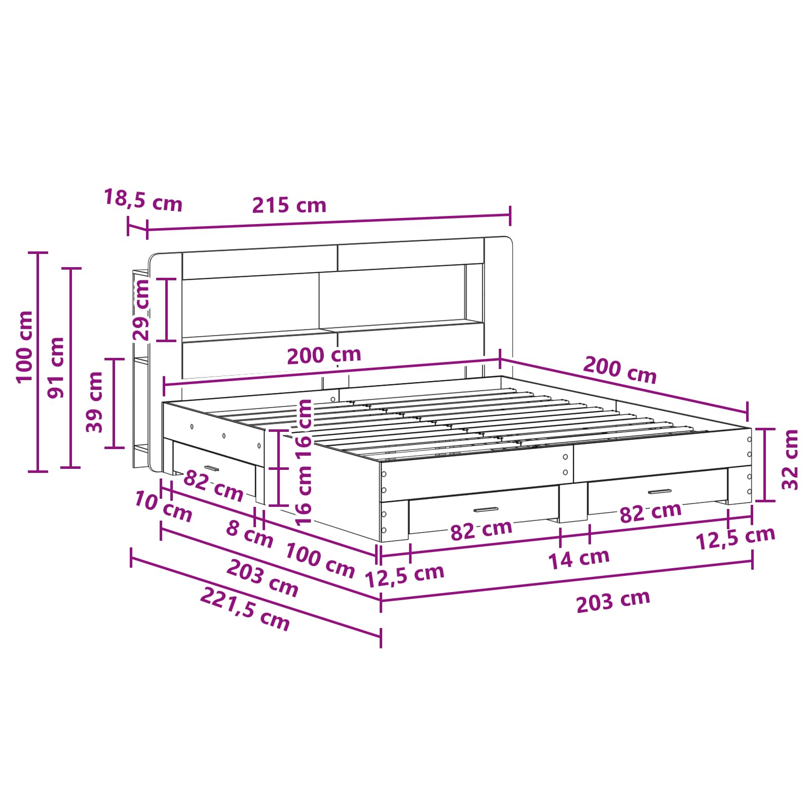Cadre de lit avec rangement Sonoma gris 200 x 200 cm - XIOS