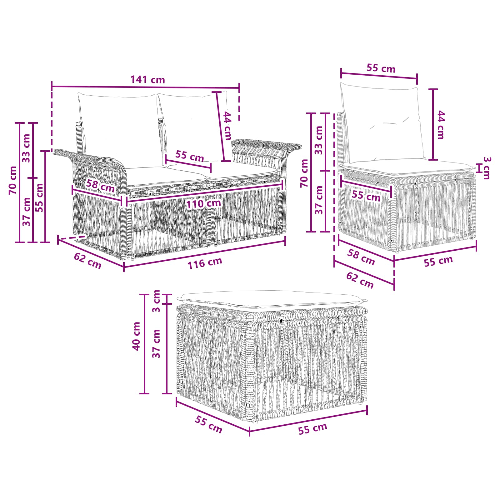 Ensemble de canapé de jardin 5 pcs Noir polyrotin - XIOS