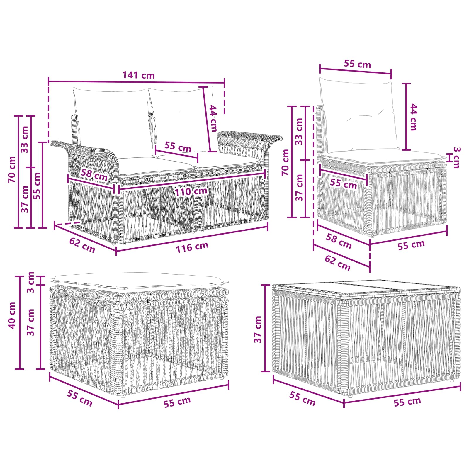 Ensemble de canapé de jardin 6 pcs Noir polyrotin - XIOS