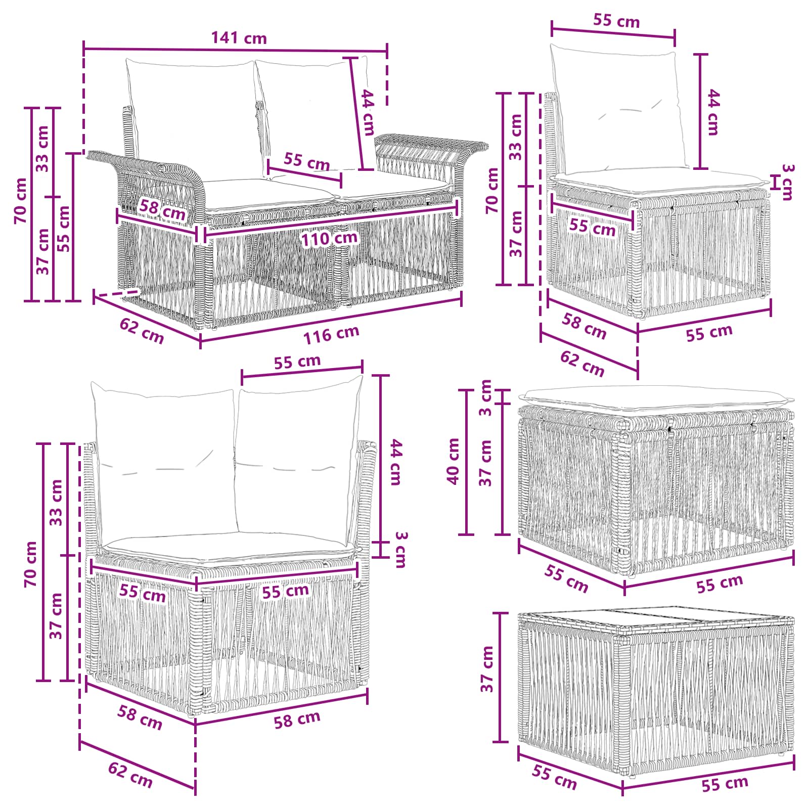Ensemble de canapé de jardin 9 pcs Gris polyrotin - XIOS