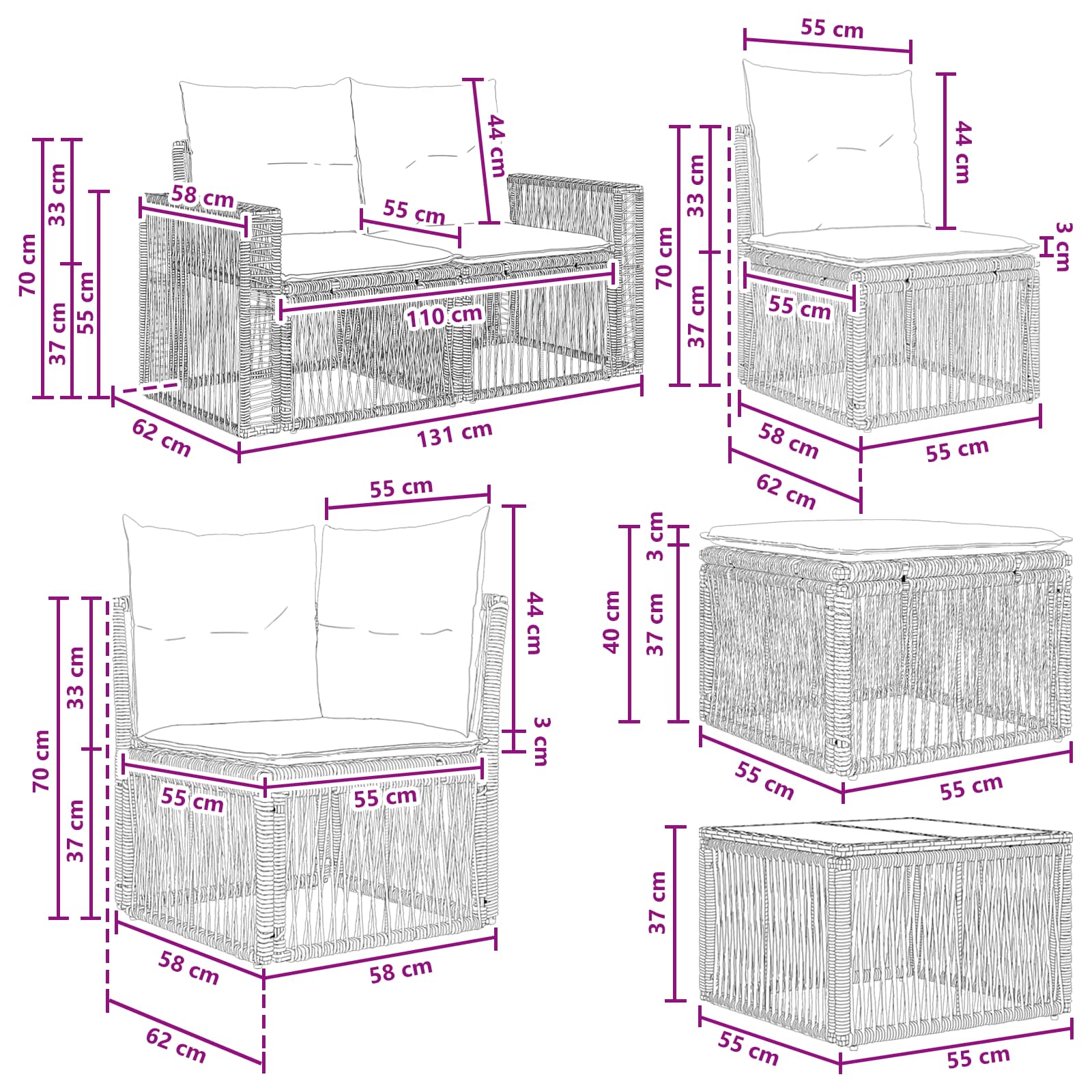 Ensemble de canapé de jardin 9 pcs Noir et blanc crème - XIOS
