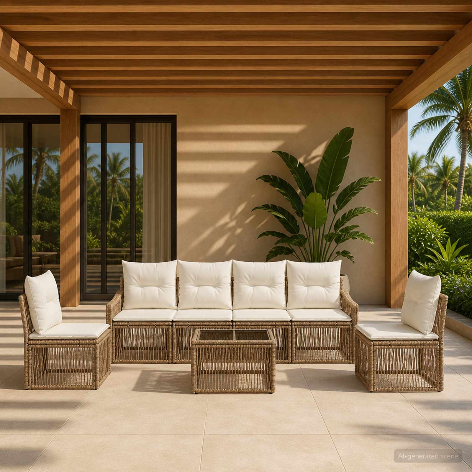 Ensemble de canapé de jardin 7 pc Beige polyrotin