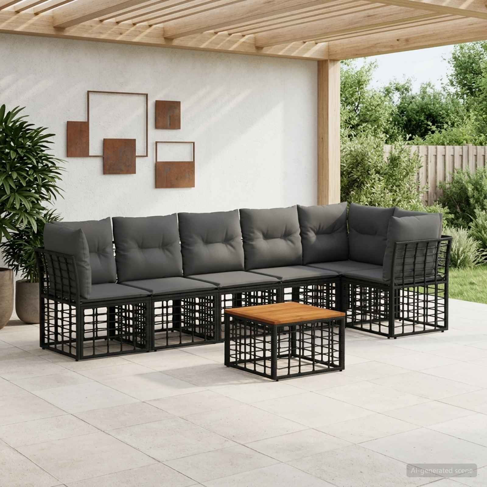 Ensemble de canapé de jardin 7 pc Noir et Gris foncé polyrotin