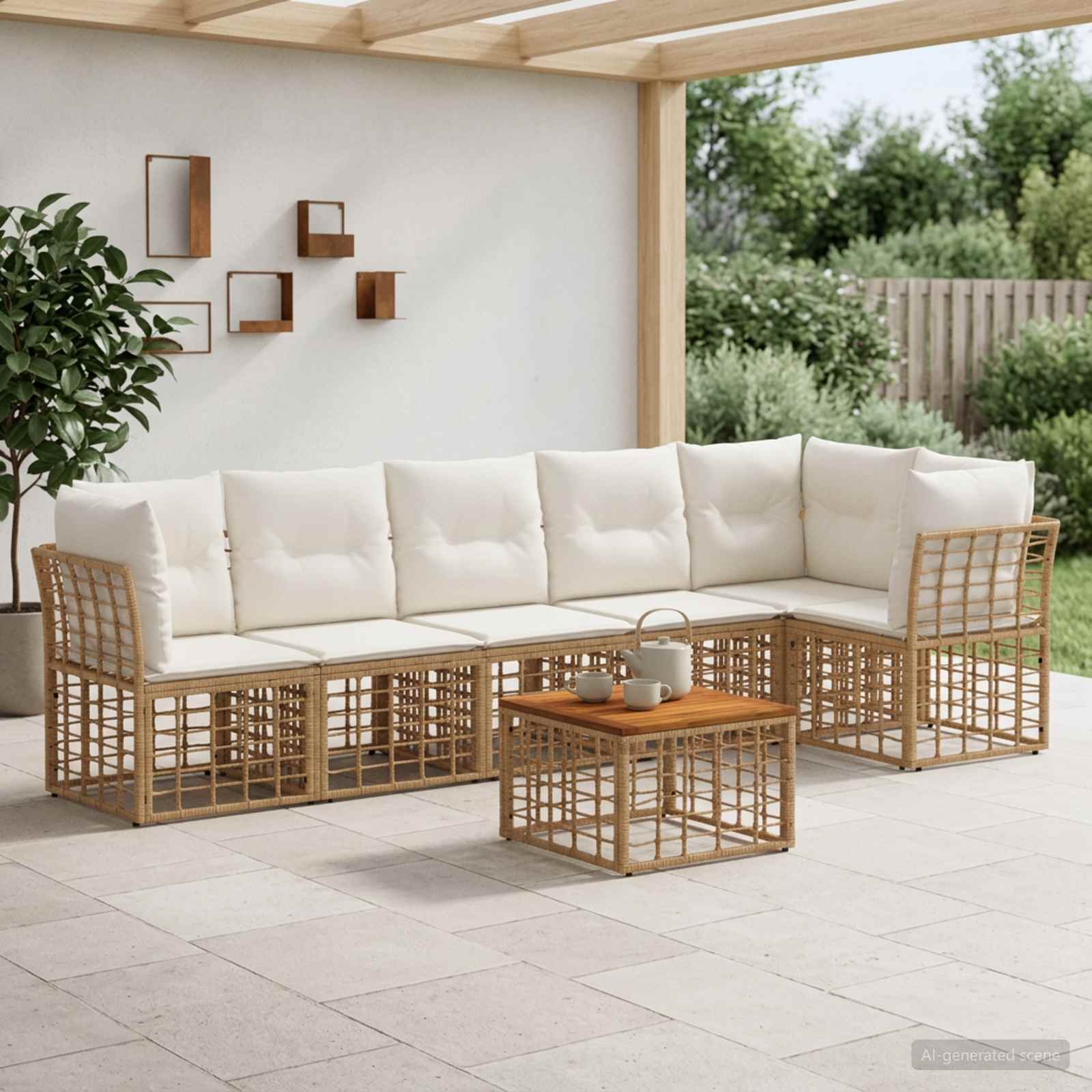 Ensemble de canapé de jardin 7 pc Blanc Naturel et Crème