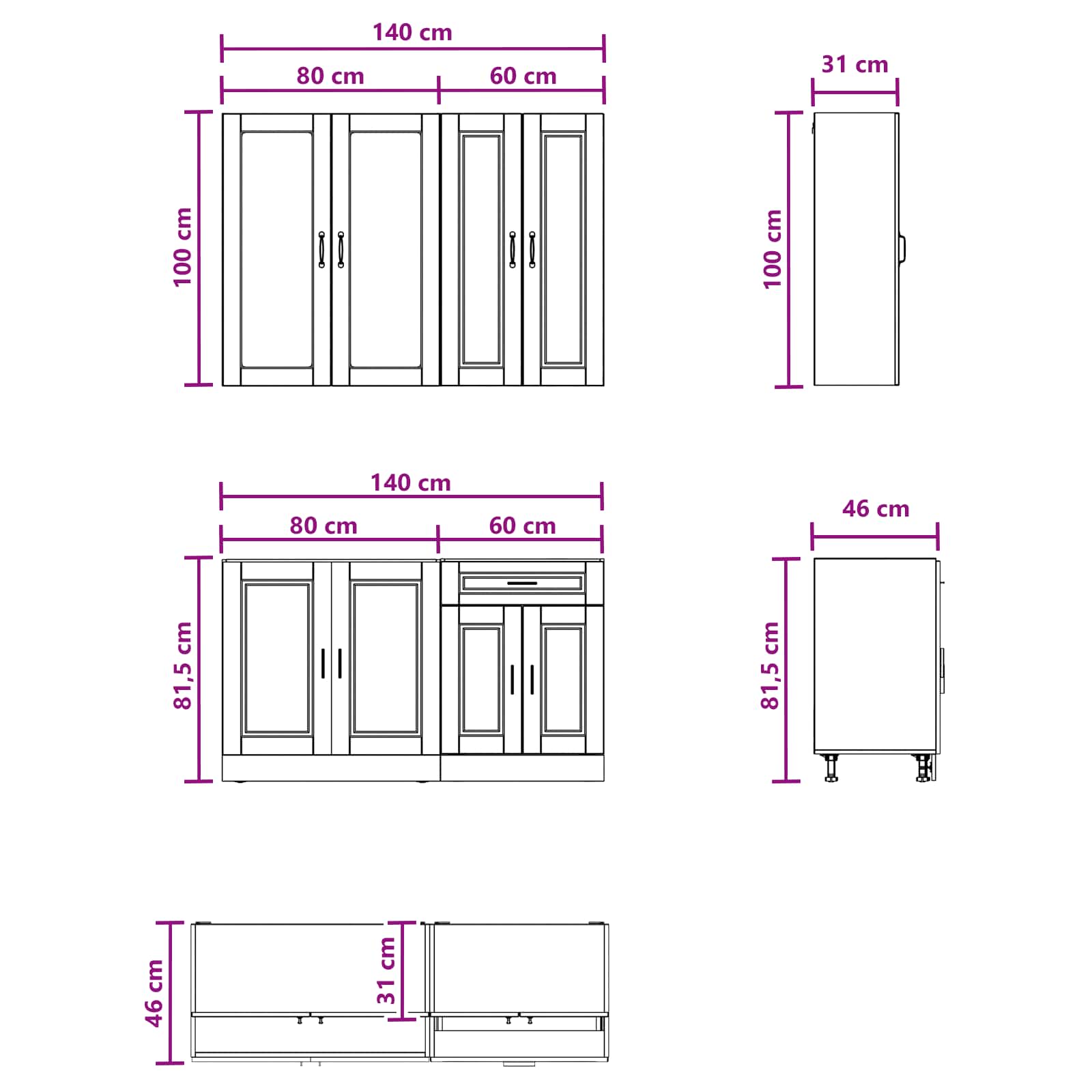 Unité de cuisine PORTO 4 pc Gris béton Bois d'ingénierie