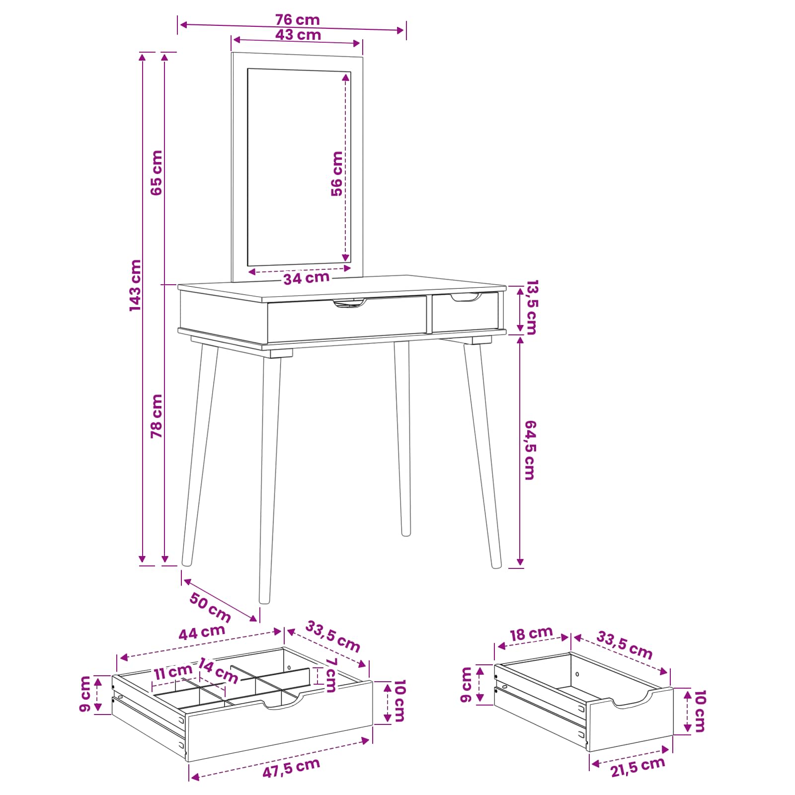 Ensemble de Coiffeuse FAUSKE 2 pcs Blanc 76 x 50 x 143 cm