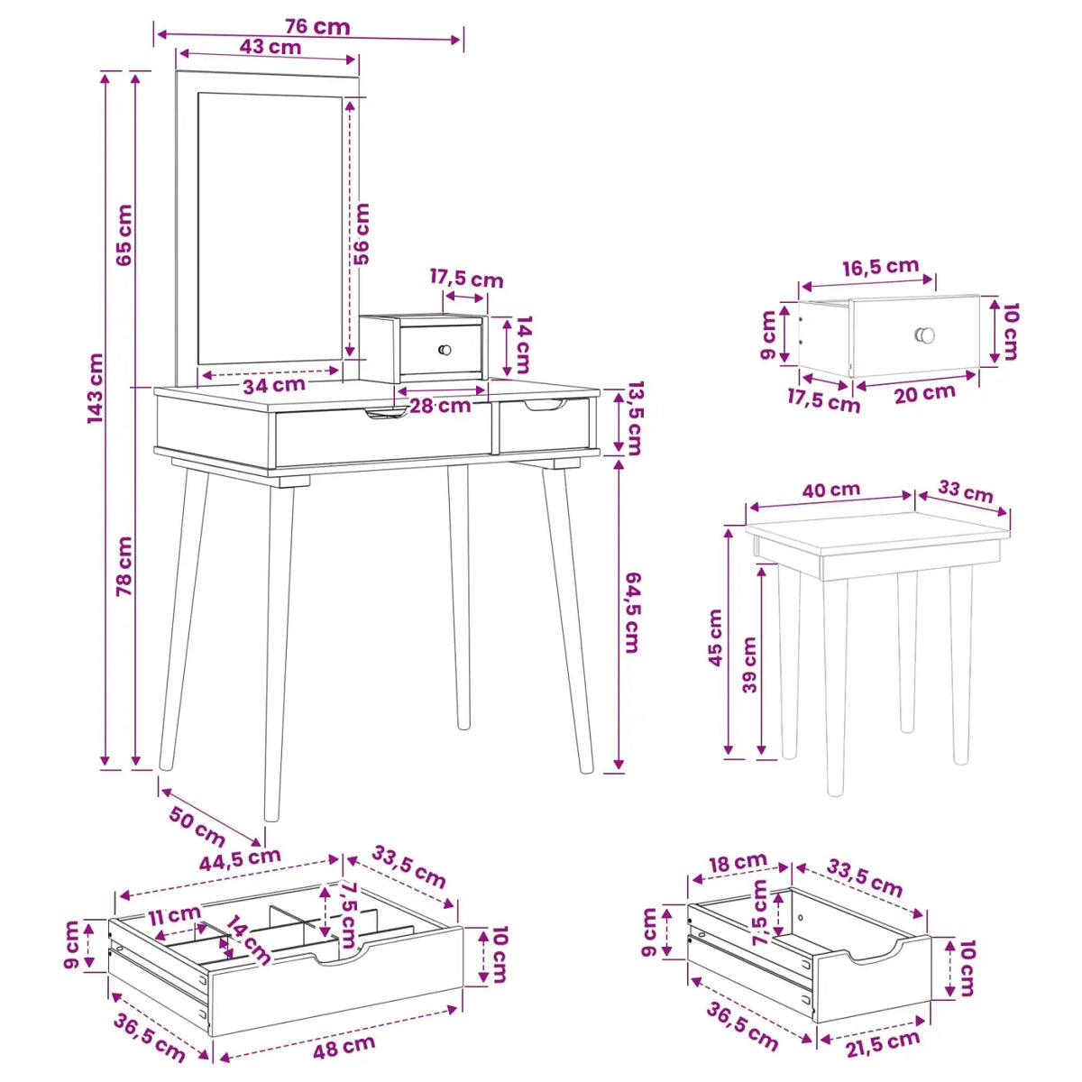 Ensemble de Coiffeuse FAUSKE 4 pc Blanc 76 x 50 x 143 cm - XIOS