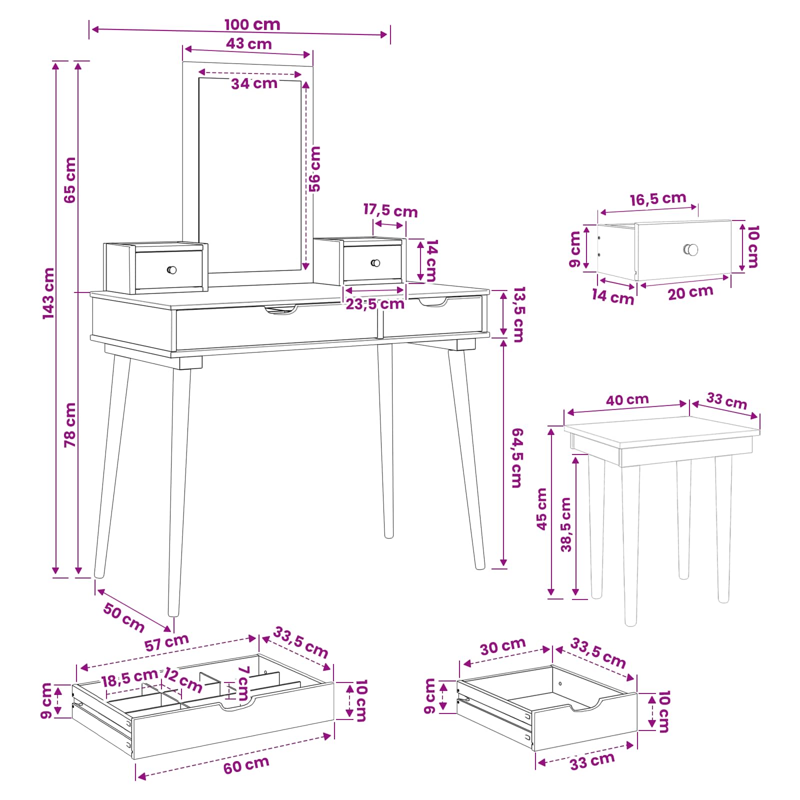 Ensemble de Coiffeuse FAUSKE 5 pcs Blanc 100 x 50 x 143 cm - XIOS