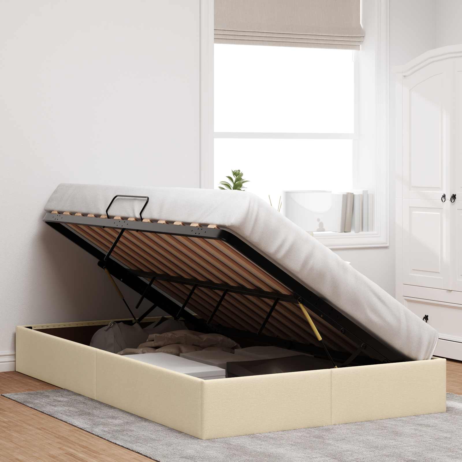 Cadre de lit ottoman avec stockage Crème 120 x 200 cm tissu