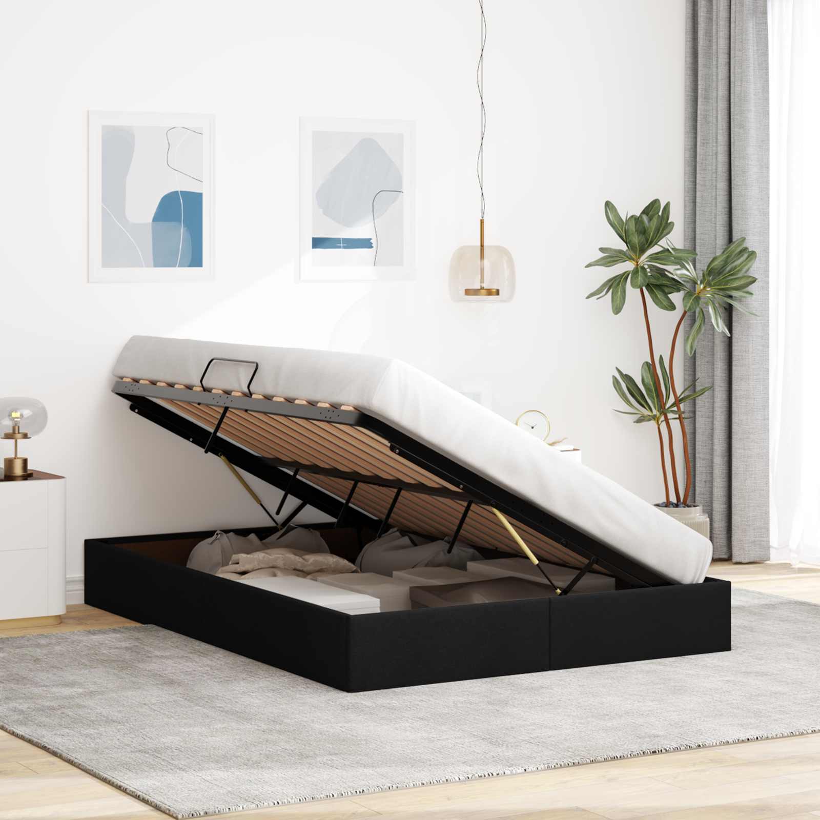 Cadre de lit ottoman avec stockage Noir 140 x 190 cm tissu