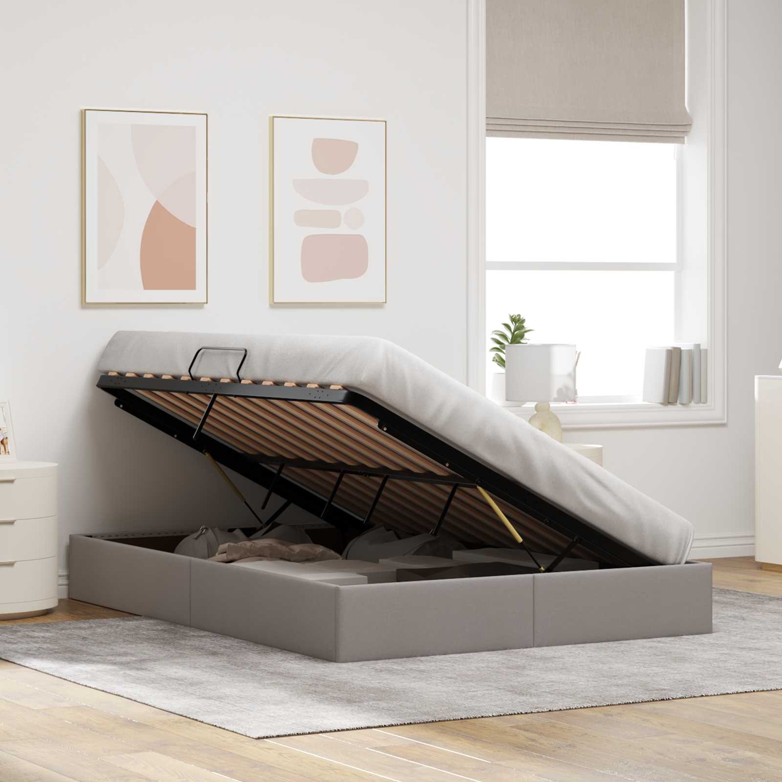 Cadre de lit ottoman avec stockage Taupe 140 x 200 cm tissu