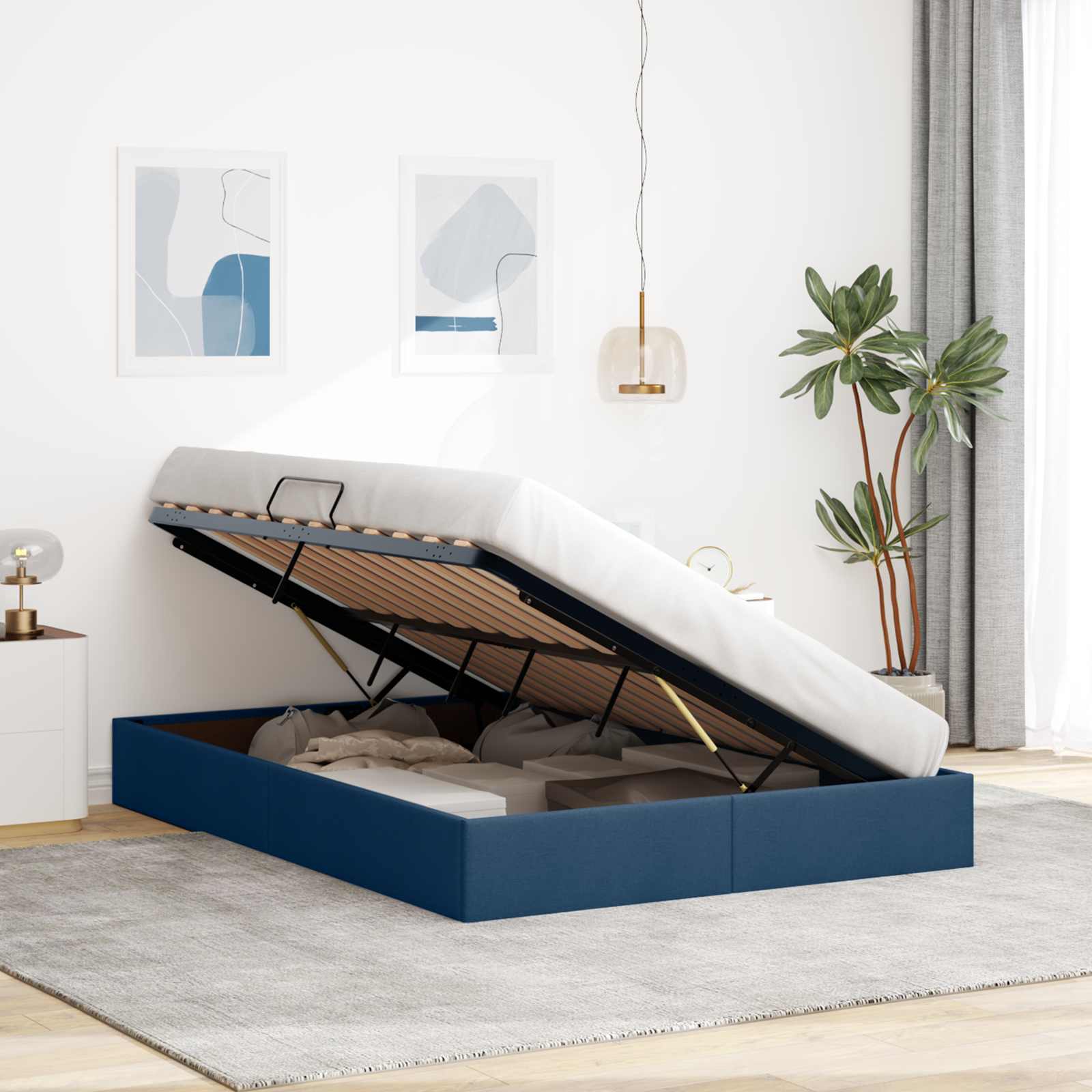 Cadre de lit ottoman avec stockage Bleu 140 x 200 cm tissu