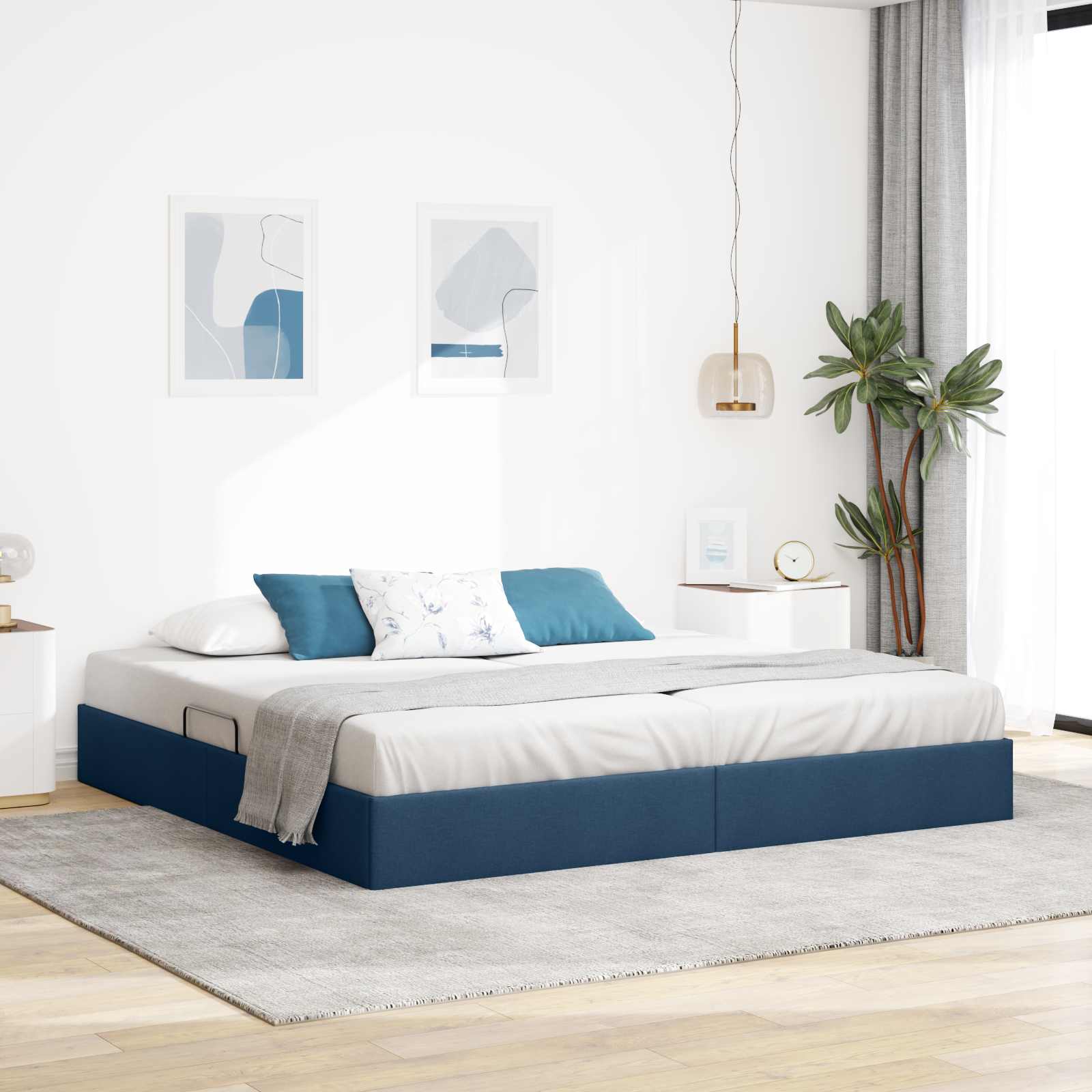 Cadre de lit ottoman avec stockage Bleu 200 x 200 cm tissu