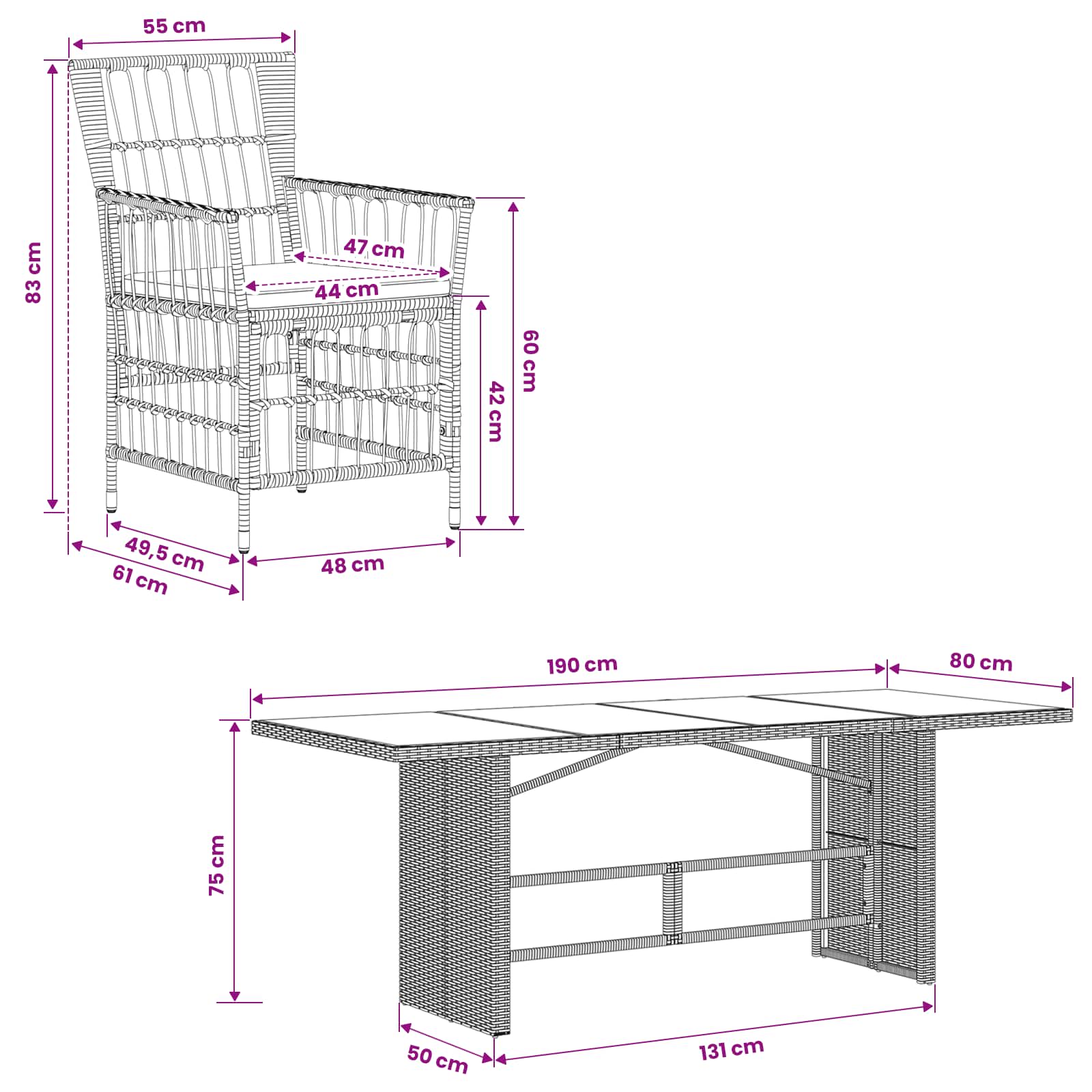 Ensemble de repas extérieur 7 pc Noir polyrotin