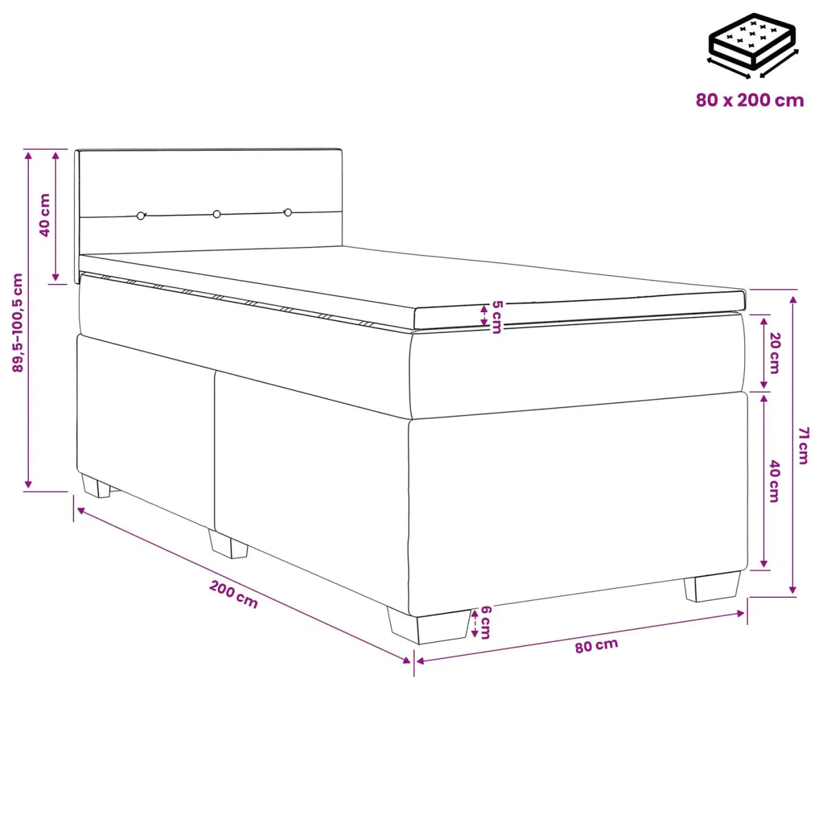 Lit boxspring avec matelas Noir 80 x 200 cm Tissu - XIOS