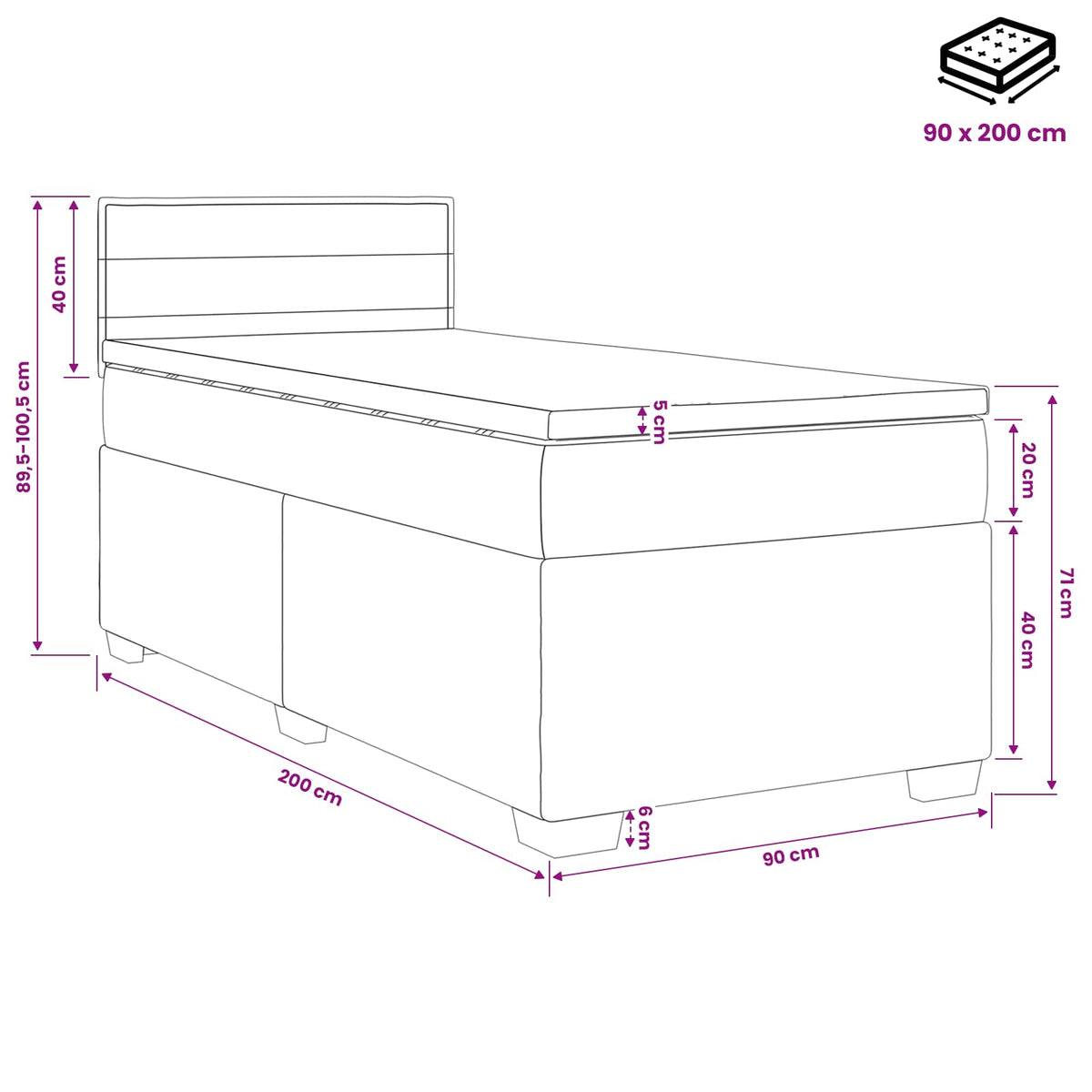 Lit boxspring avec matelas Gris clair 90 x 200 cm Tissu