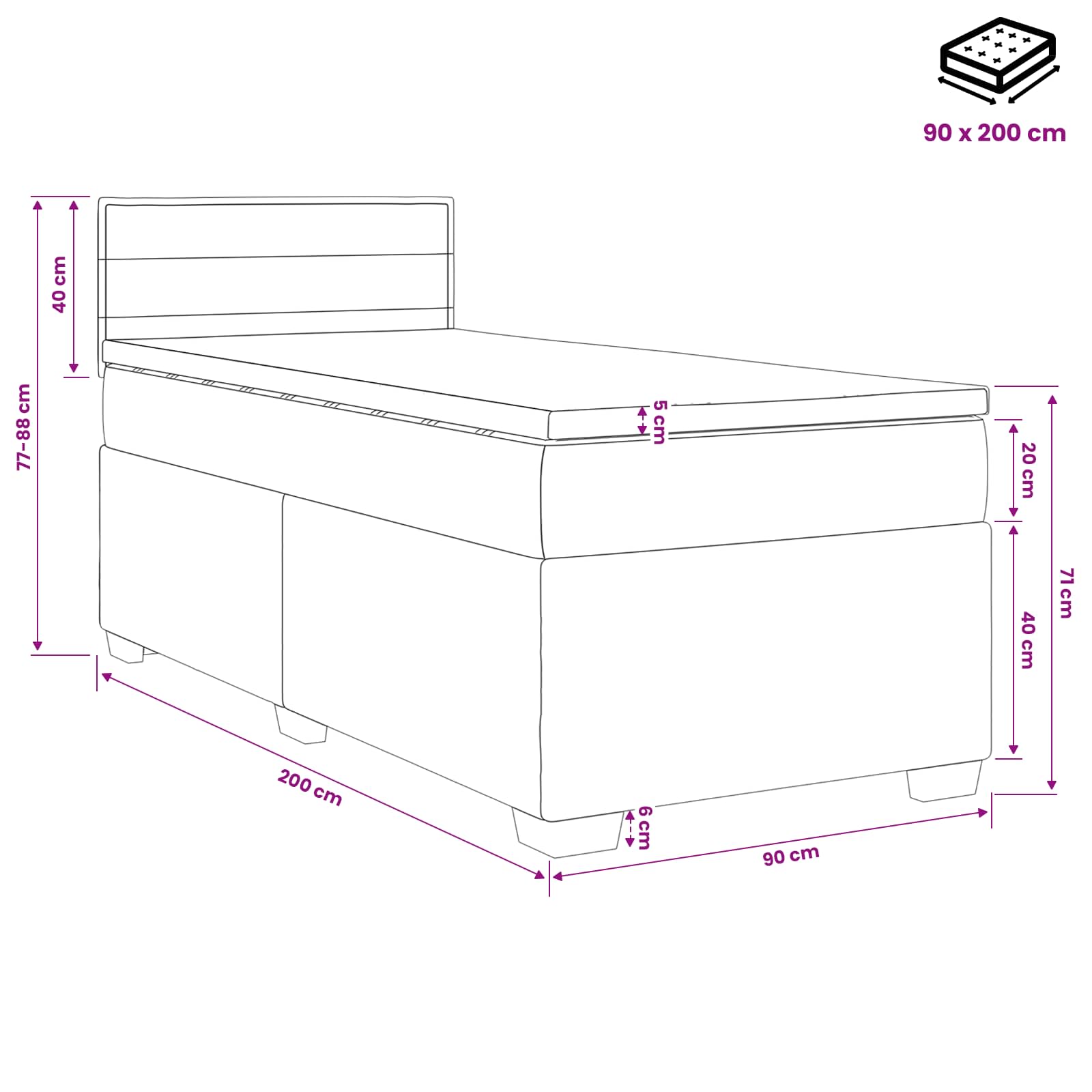 Lit boxspring avec matelas Marron foncé 90 x 200 cm Tissu - XIOS