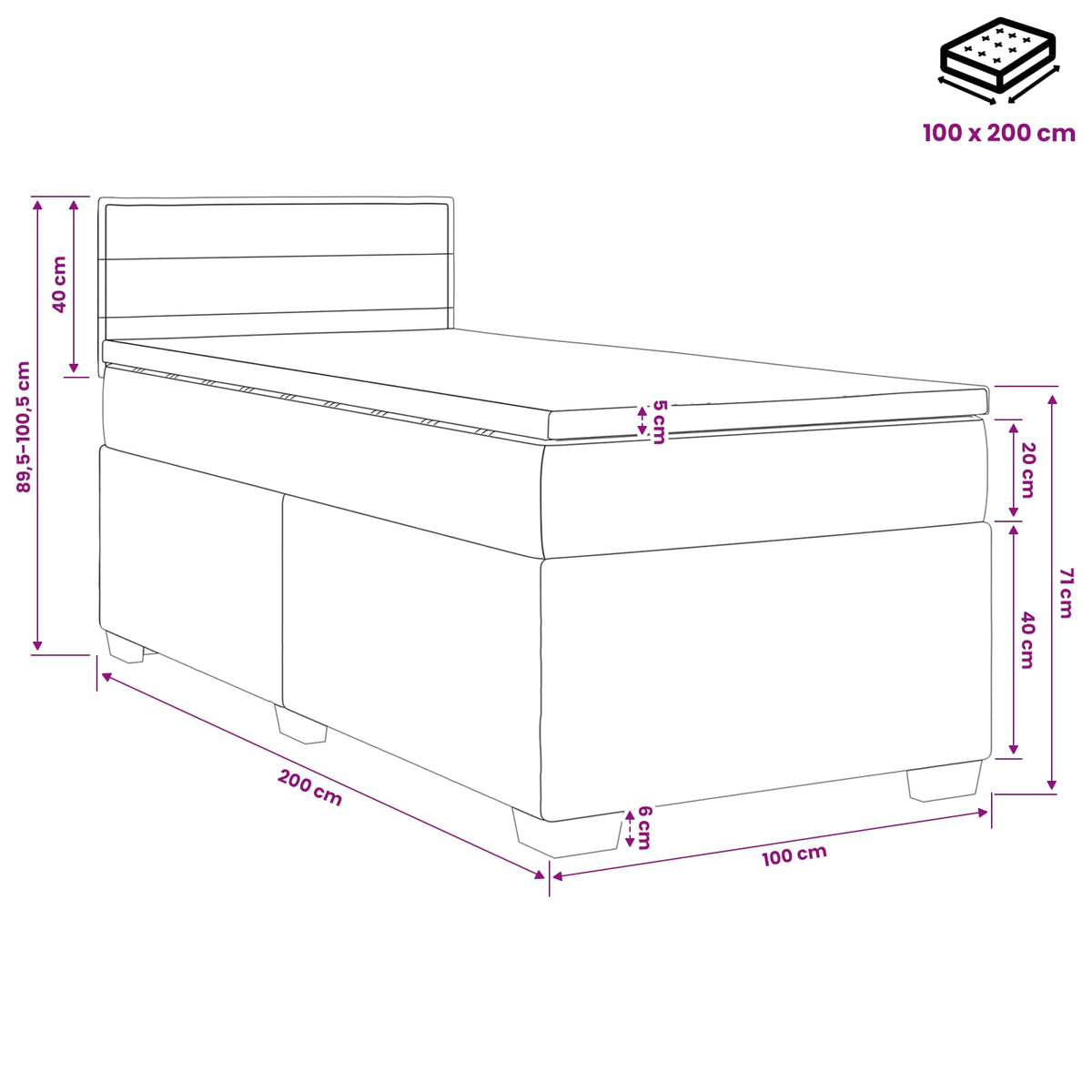 Lit boxspring avec matelas Taupe 100 x 200 cm Tissu