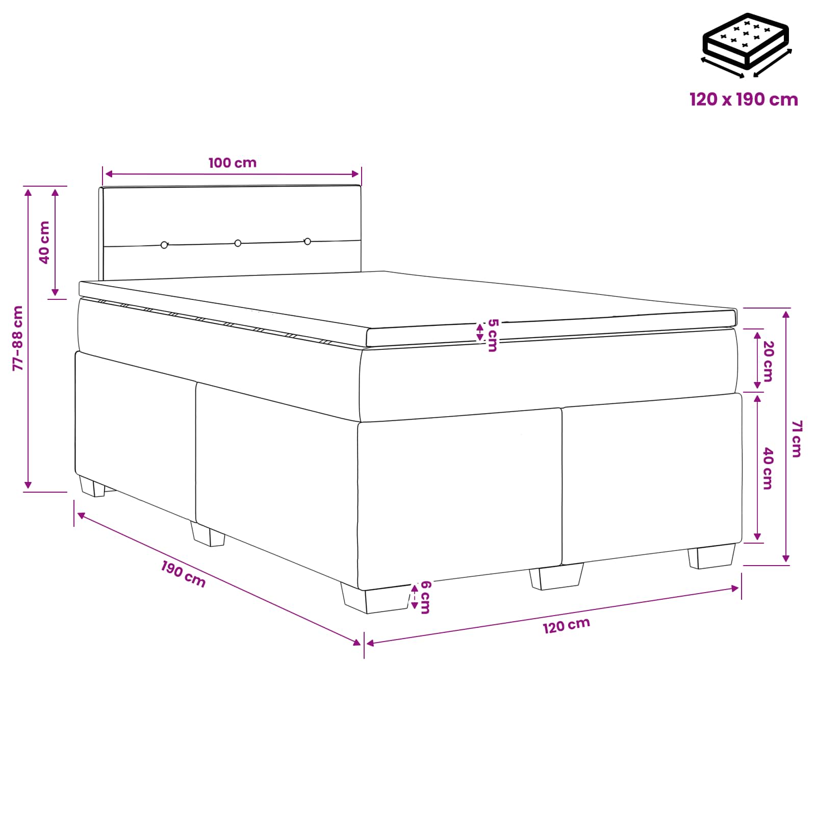 Lit boxspring avec matelas Gris clair 120 x 190 cm Tissu