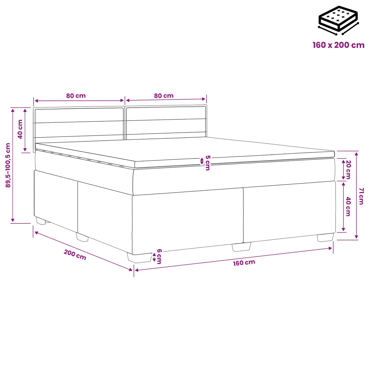 Lit boxspring avec matelas Noir 160 x 200 cm Tissu