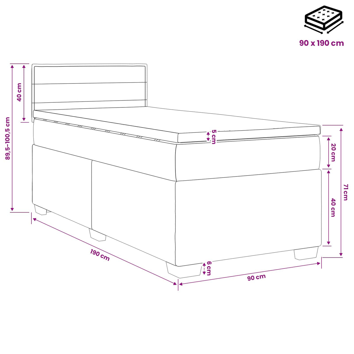Lit boxspring avec matelas Gris clair 90 x 190cm Tissu