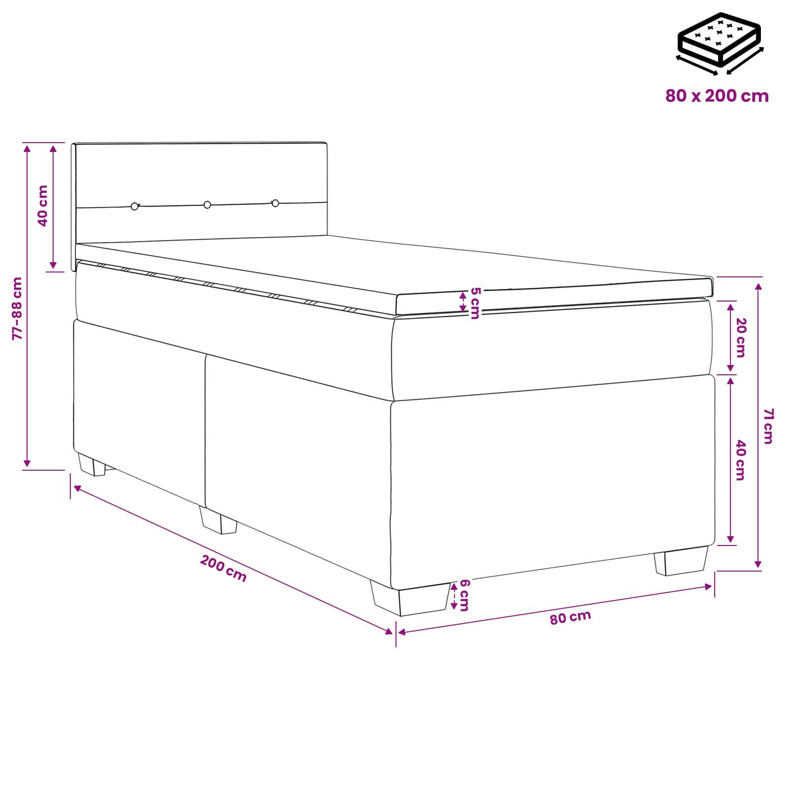 Lit boxspring avec matelas Noir 80 x 200 cm Velours - XIOS