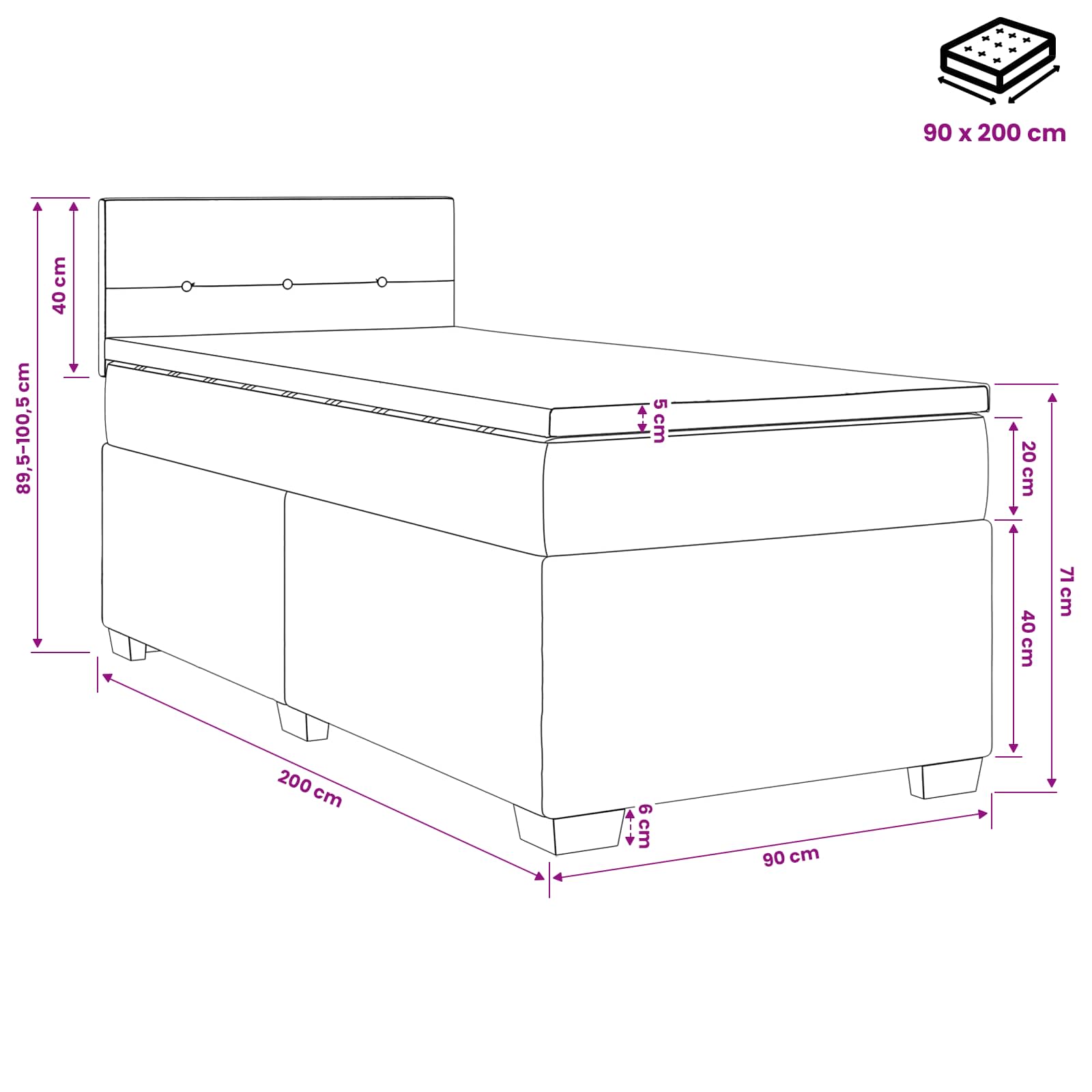 Lit boxspring avec matelas Noir 90 x 200 cm Velours
